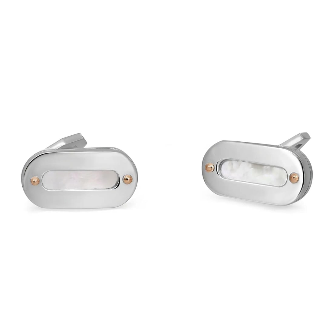 Baraka 18K White Gold Rose Gold Mother Of Pearl Cufflinks: Baraka 18K White Gold Rose Gold Mother Of Pearl Cufflinks Elevate your formal attire with these exquisite Baraka cufflinks. Crafted from 18K white gold and enhanced with elegant rose gold accents, the