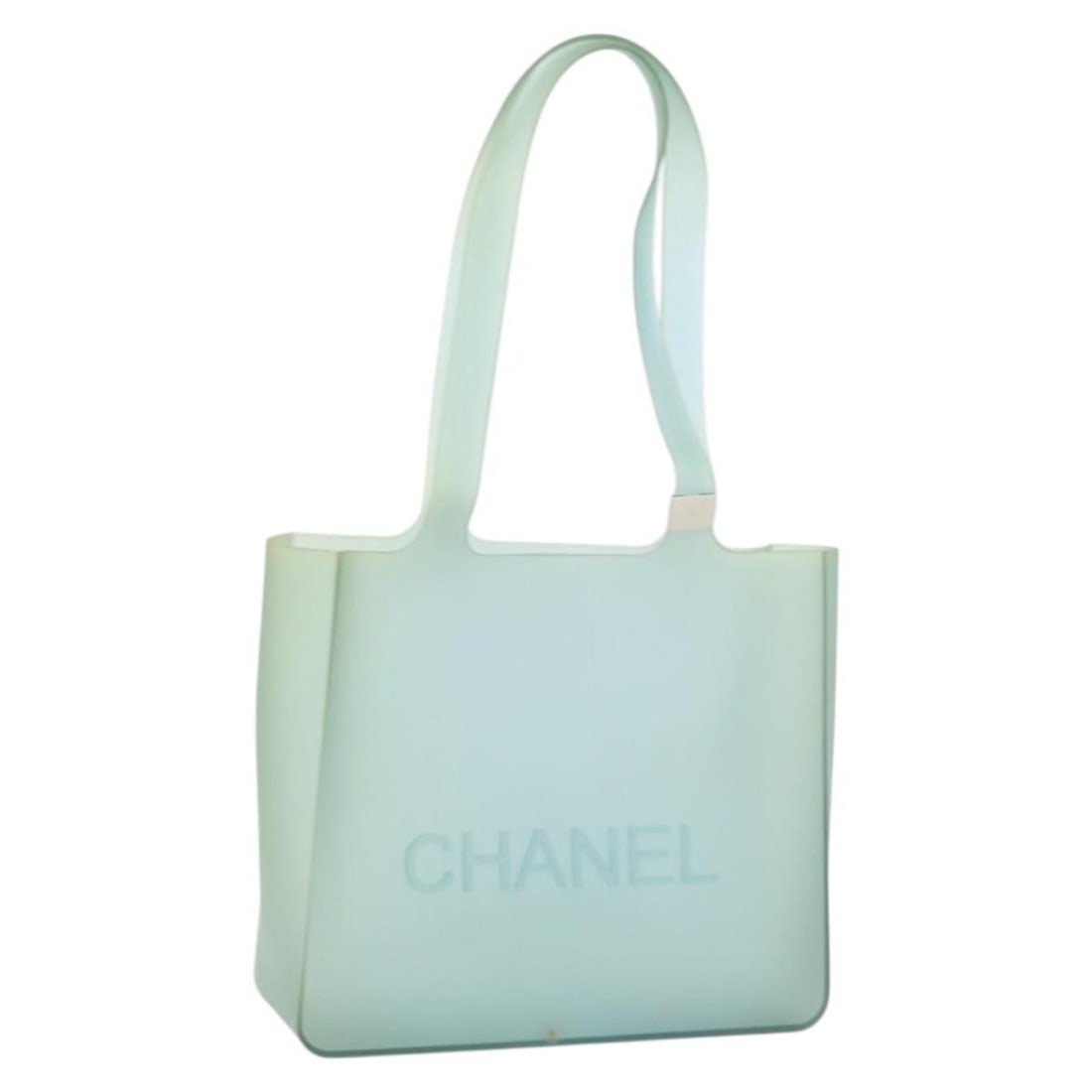 Green Rubber CHANEL CC Tote Bag Italy: Green Rubber CHANEL CC Tote Bag Italy This CHANEL tote bag features a green rubber exterior and is crafted in Italy. The bag shows signs of heavy use, including out of shape areas, rubbing, slight sta