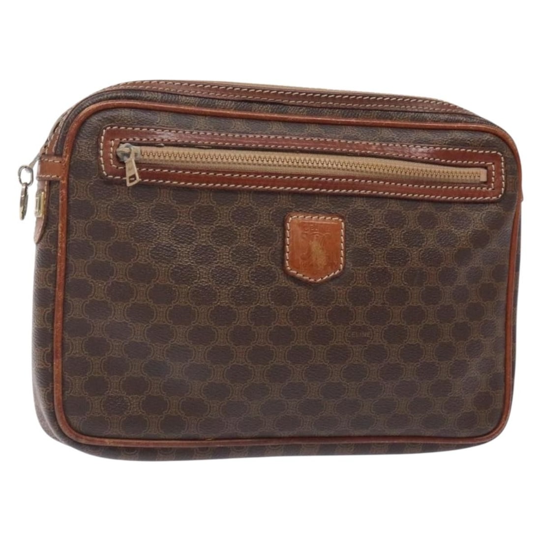 CELINE Macadam Brown Gold PVC Leather Clutch Bag Italy Auth: CELINE Macadam Brown Gold PVC Leather Clutch Bag Italy Auth This CELINE Macadam Canvas Clutch Bag showcases a stylish blend of brown PVC leather and gold accents, perfect for adding a touch of luxury 