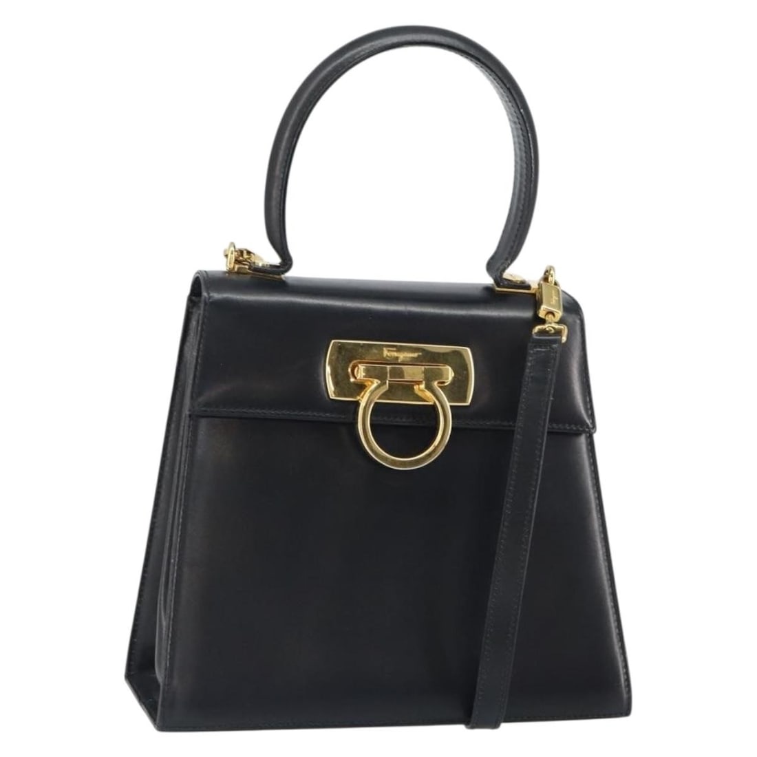 Gancini Black Leather Shoulder and Top Handle Bag by Salvatore Ferragamo: Gancini Black Leather Shoulder and Top Handle Bag by Salvatore Ferragamo This Salvatore Ferragamo Gancini handbag is crafted from black leather and features both a top handle and a detachable shoulder