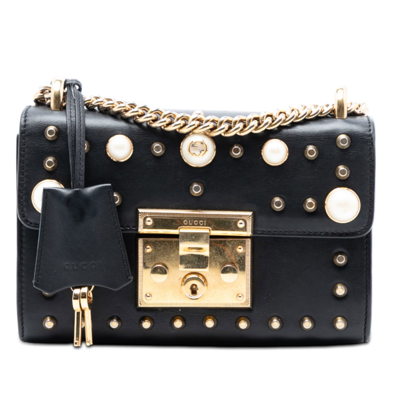 Gucci Black Leather Crossbody Bag with Faux Pearl Embellishments: Gucci Black Leather Crossbody Bag with Faux Pearl Embellishments This crossbody bag features a black leather body adorned with faux pearl accents, a chain link strap, a front flap with a push lock clo