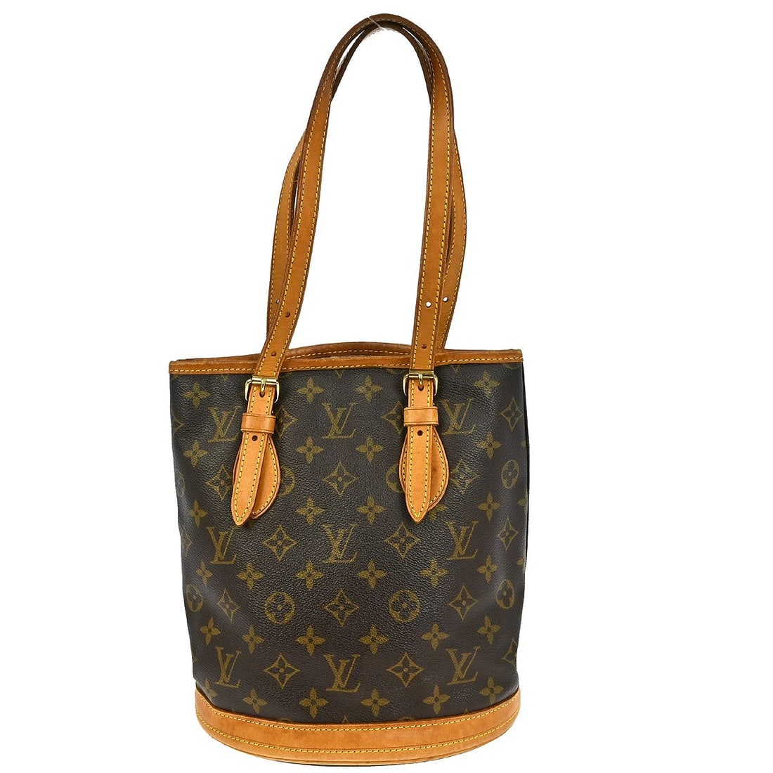 Louis Vuitton Petite Bucket Monogram Canvas Medium Shoulder Tote Bag M42238: Louis Vuitton Petite Bucket Monogram Canvas Medium Shoulder Tote Bag M42238 This Louis Vuitton Petite Bucket PM tote bag features the iconic Monogram canvas with brown leather handles and beige leathe