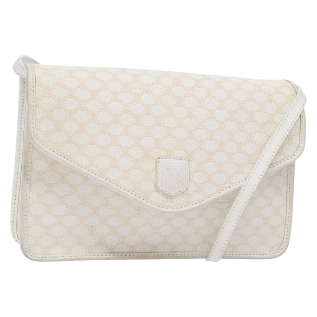 CELINE Macadam Canvas White Gold Shoulder Bag PVC Leather Auth: CELINE Macadam Canvas White Gold Shoulder Bag PVC Leather Auth This Celine Macadam Canvas Shoulder Bag is a stylish accessory crafted from durable PVC leather with a chic white and gold exterior. Desi