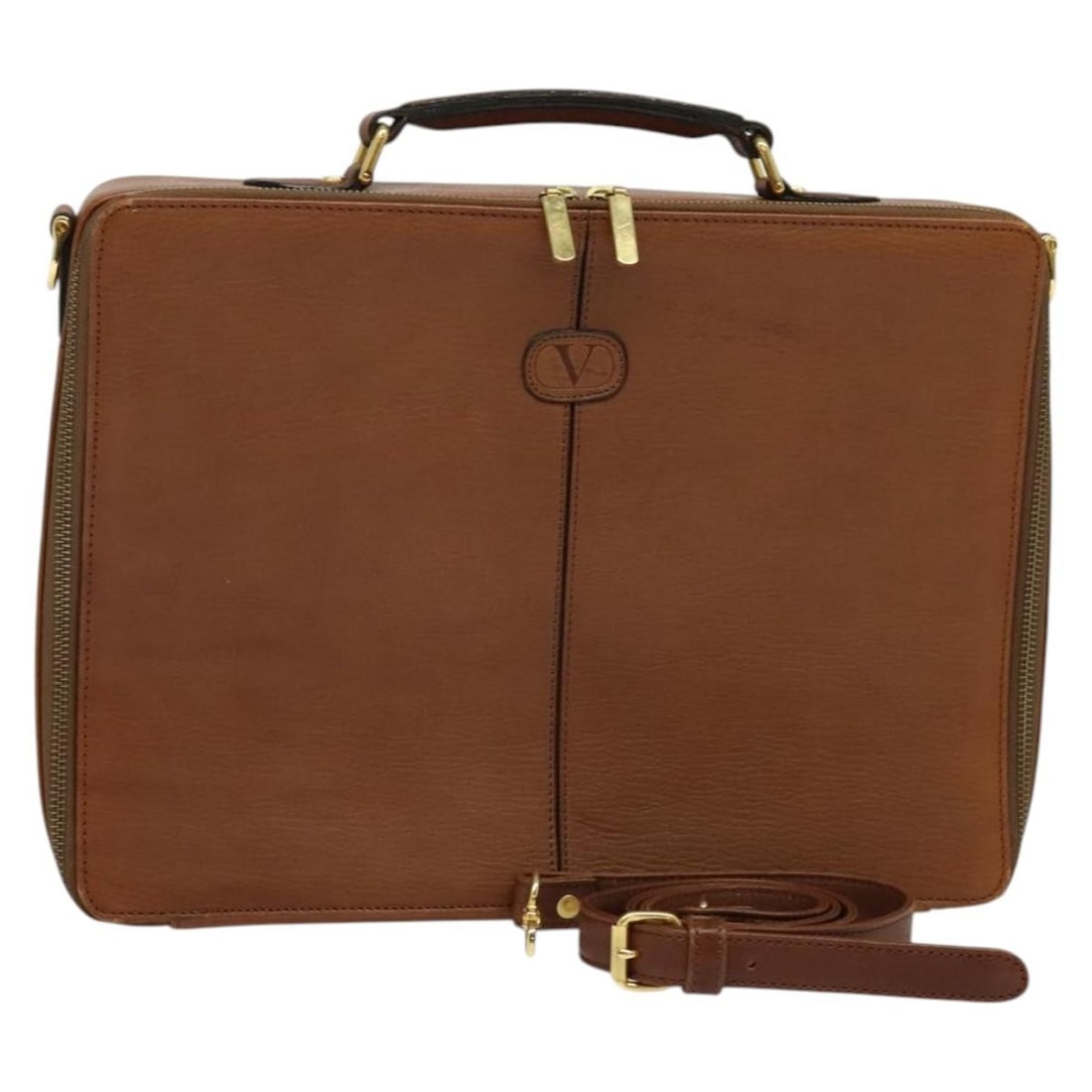 Valentino Leather Handbag Brown Gold Two-Way with Strap: Valentino Leather Handbag Brown Gold Two-Way with Strap This authentic VALENTINO handbag combines luxurious leather with a striking brown and gold color scheme. Its dimensions make it a perfect access