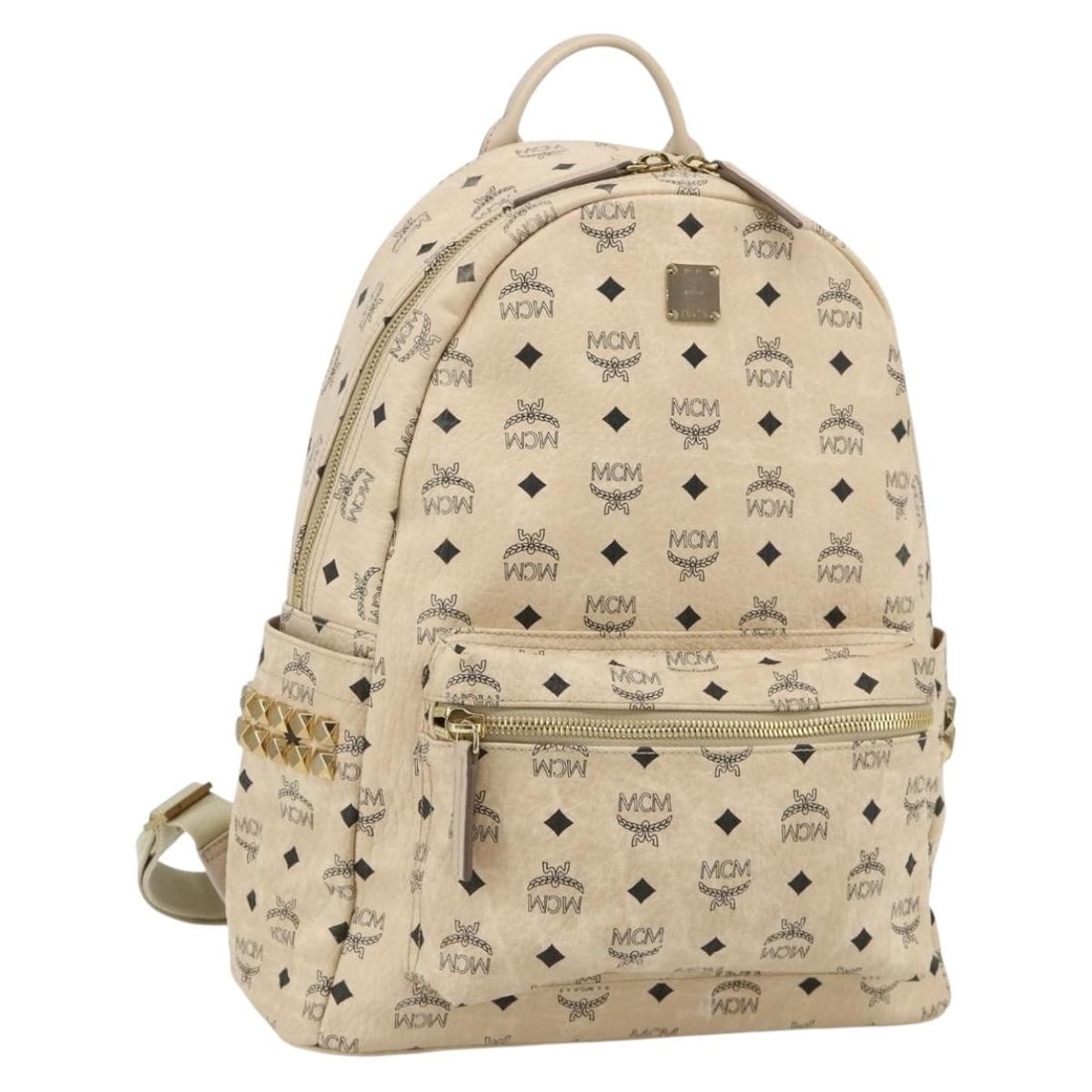 MCM Vicetos Ivory Gold PVC Leather Backpack Auth: MCM Vicetos Ivory Gold PVC Leather Backpack Auth This MCM Vicetos Logogram backpack is crafted from PVC leather in an ivory and gold color scheme. Designed for women, it features a spacious interior a