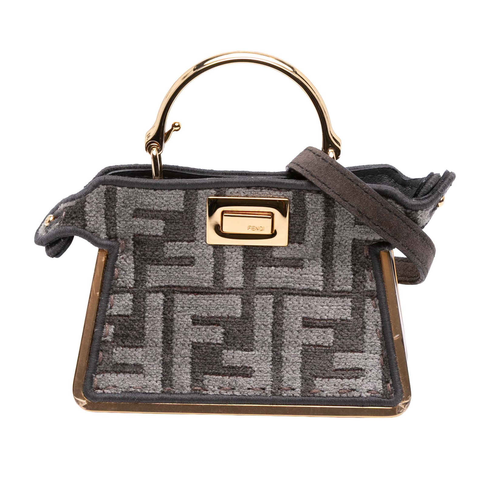 Fendi Peekaboo ISeeU Nano Maxi Cashmere Bag with Metal Handle: Fendi Peekaboo ISeeU Nano Maxi Cashmere Bag with Metal Handle This Fendi Nano Zucca Cashmere Peekaboo ISeeU Maxi Handle Bag features a cashmere body with metal trim, a flat metal top handle, and an ad