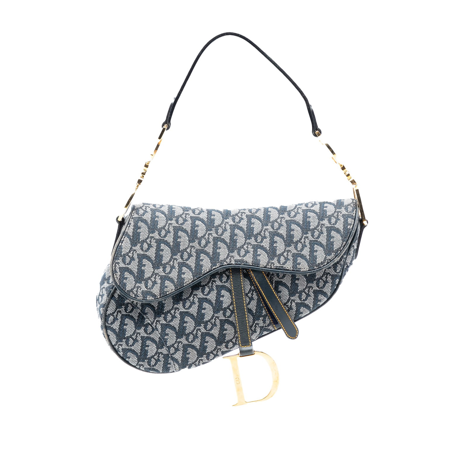 Dior Saddle Bag in Oblique Blue Canvas with Leather Trim: Dior Saddle Bag in Oblique Blue Canvas with Leather Trim This Dior Oblique Canvas Saddle Bag features a blue fabric body with leather trim, a flat leather strap, a front flap with magnetic closure, an
