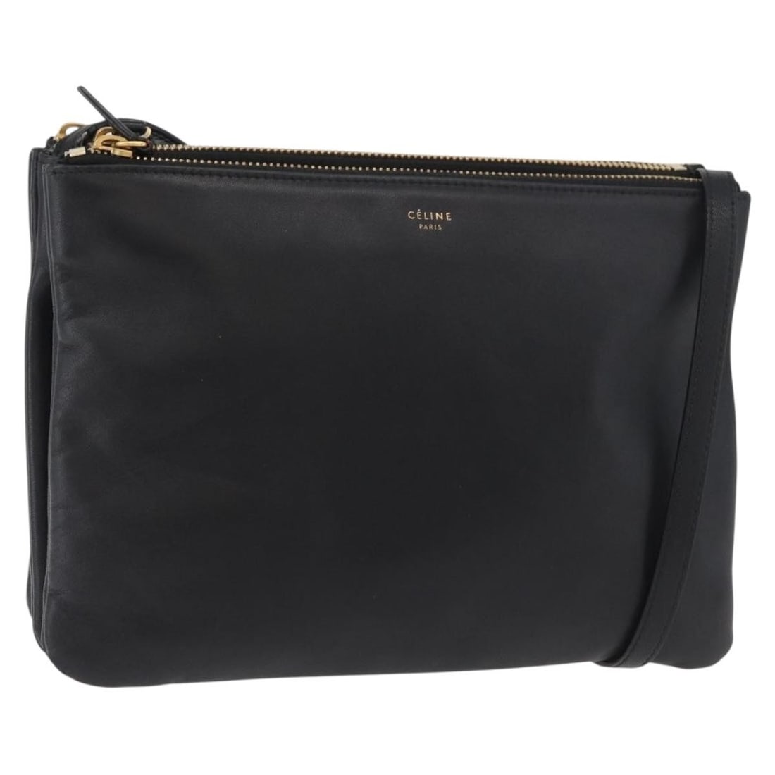 CELINE black leather Trio shoulder bag gold accents Italy: CELINE black leather Trio shoulder bag gold accents Italy This CELINE Trio shoulder bag is crafted from black leather with gold-tone accents. Designed for women, the bag features a compact silhouette 