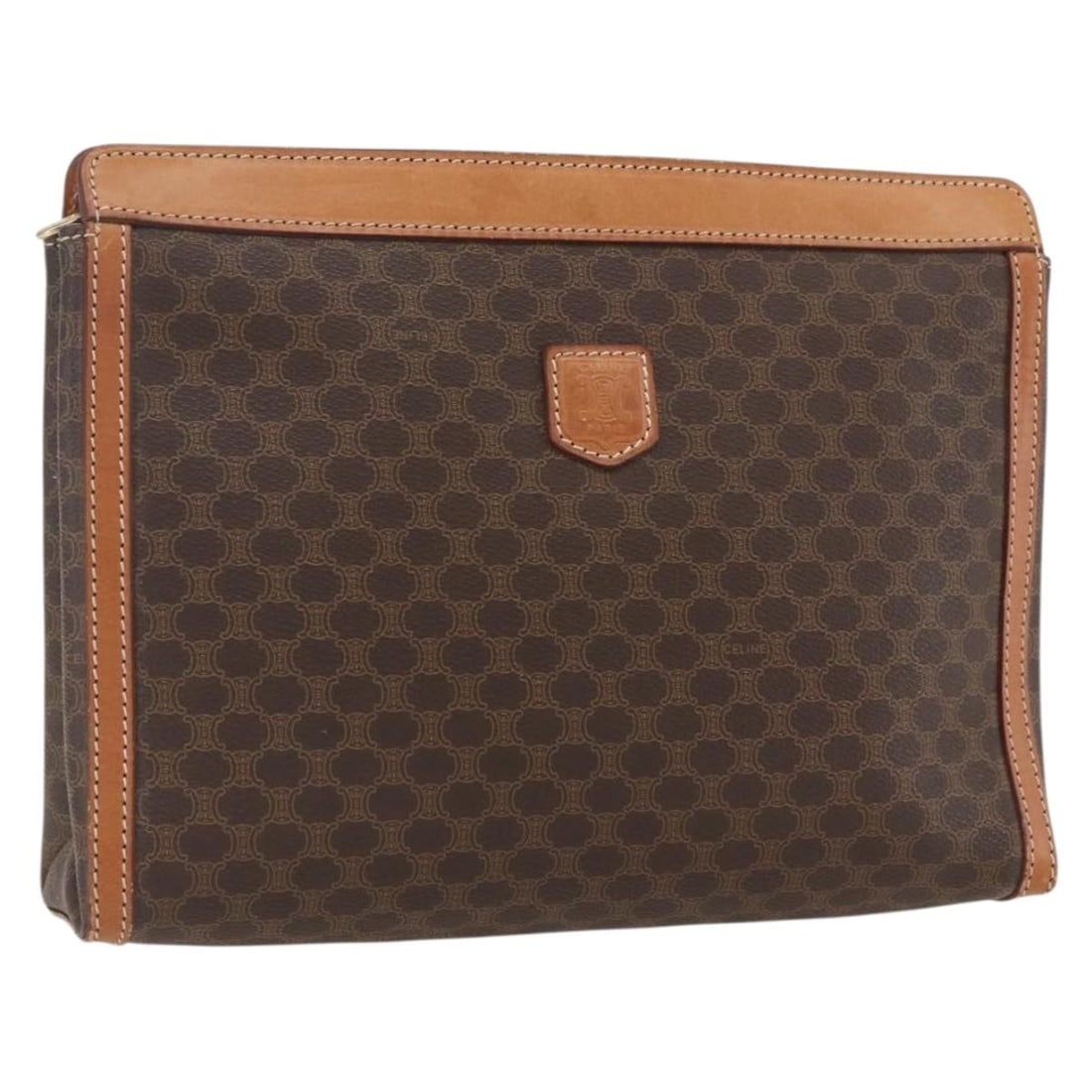 Celine Brown Macadam Canvas PVC Leather Clutch Bag Gold Accents: Celine Brown Macadam Canvas PVC Leather Clutch Bag Gold Accents This CELINE Macadam clutch bag is crafted from brown and gold PVC leather with the signature Macadam canvas pattern. Made in Italy, it f