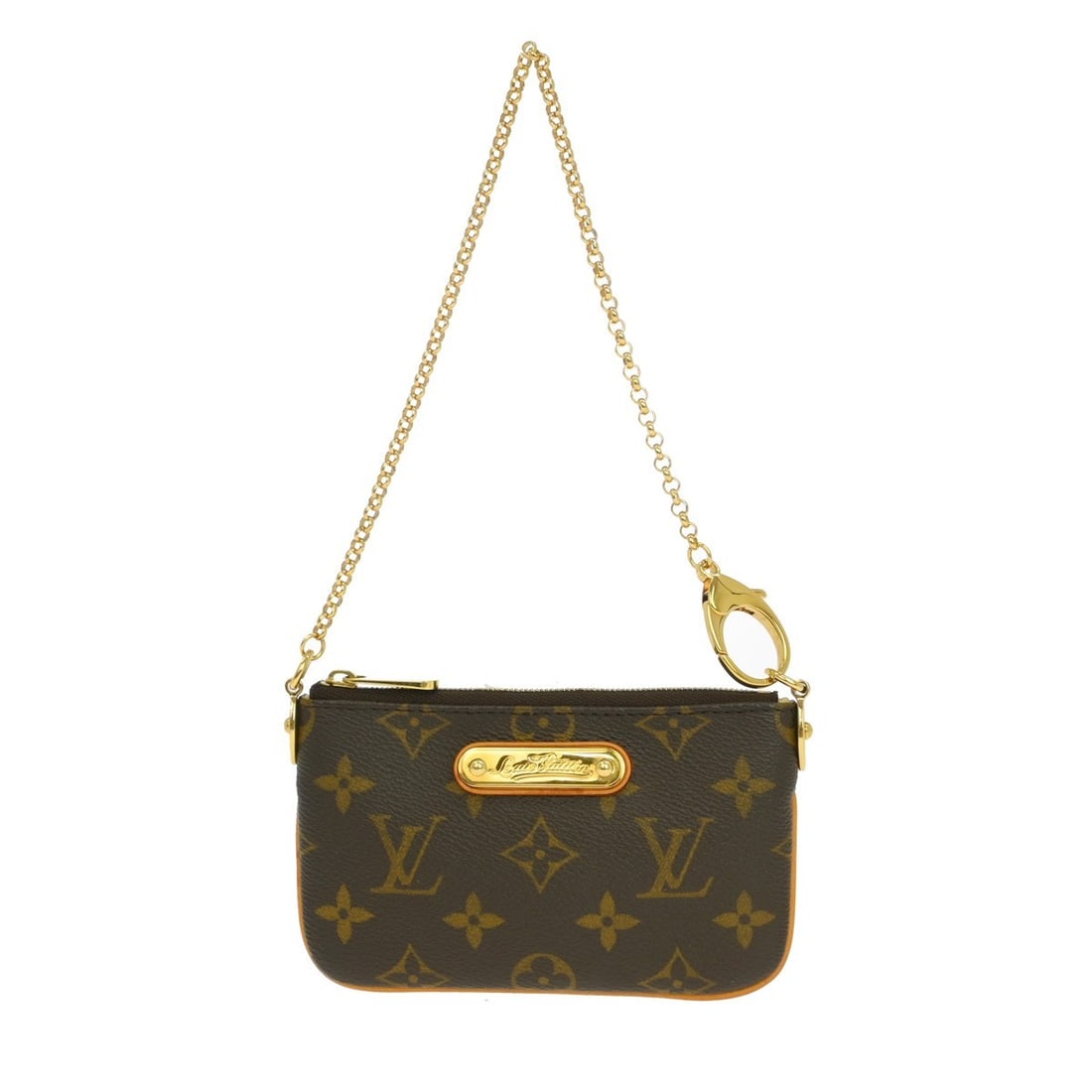 Louis Vuitton Monogram Pochette Milla PM Chain Strap Handbag: Louis Vuitton Monogram Pochette Milla PM Chain Strap Handbag This Louis Vuitton Pochette Milla PM handbag features the iconic monogram canvas leather exterior with a brown finish and logo accents. Des