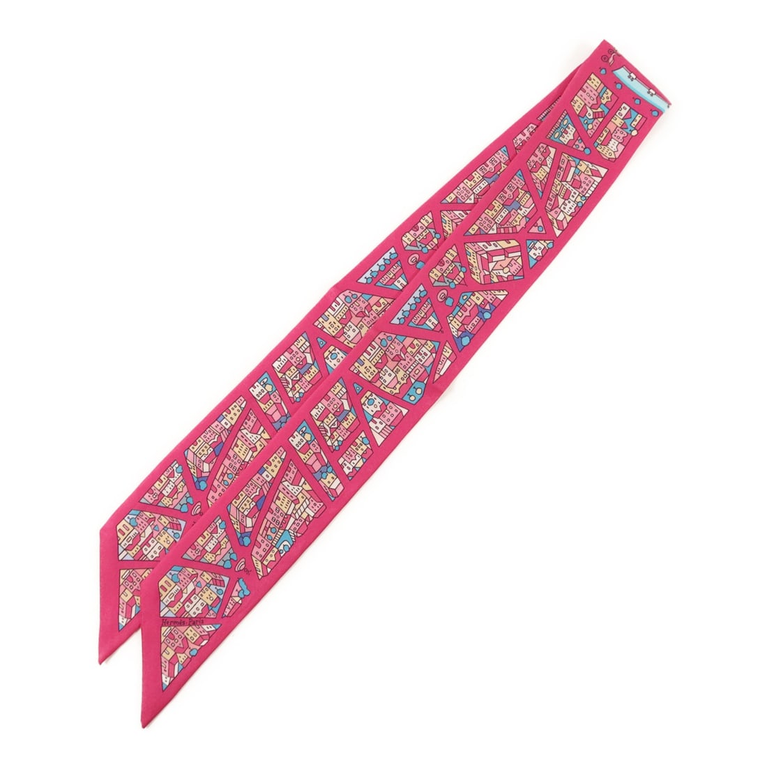 Hermes Silk Pink Twilly Scarf for Women: Hermes Silk Pink Twilly Scarf for Women This Hermes Twilly scarf is crafted from pink silk and designed for women. Made in France, it features a stylish look suitable for various occasions. The scarf 