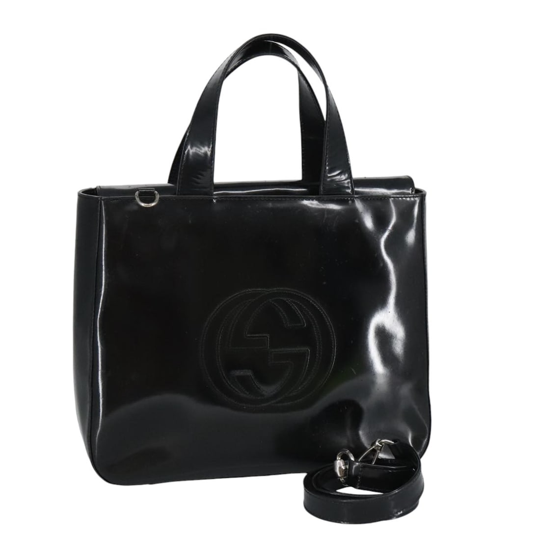 Gucci Black Enamel Two Way Handbag with Silver Accents and Strap: Gucci Black Enamel Two Way Handbag with Silver Accents and Strap This GUCCI women's hand bag features a black and silver enamel exterior with both handle and shoulder strap options, offering versatile