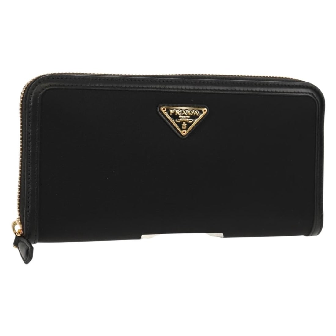 PRADA 1ML506 Long Wallet Black Leather Gold Accents Authentic: PRADA 1ML506 Long Wallet Black Leather Gold Accents Authentic This PRADA long wallet is a sophisticated accessory crafted in Italy, featuring a luxurious blend of leather and nylon in a sleek black an