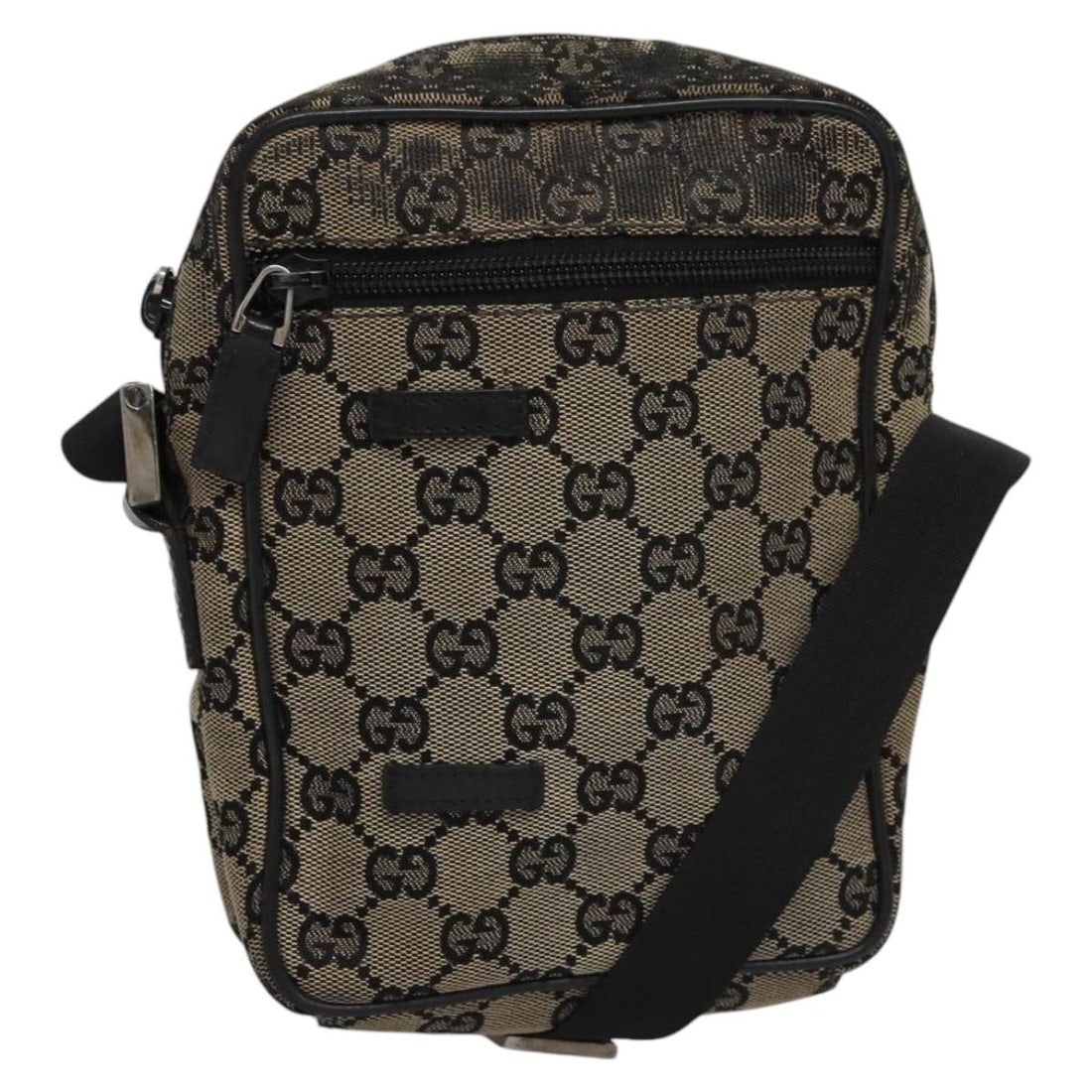 Beige Black GG Canvas Shoulder Bag by Gucci Model 018 1619: Beige Black GG Canvas Shoulder Bag by Gucci Model 018 1619 This GUCCI GG Canvas Shoulder Bag features a beige and black exterior crafted from signature GG canvas. Designed for women, it offers a compa