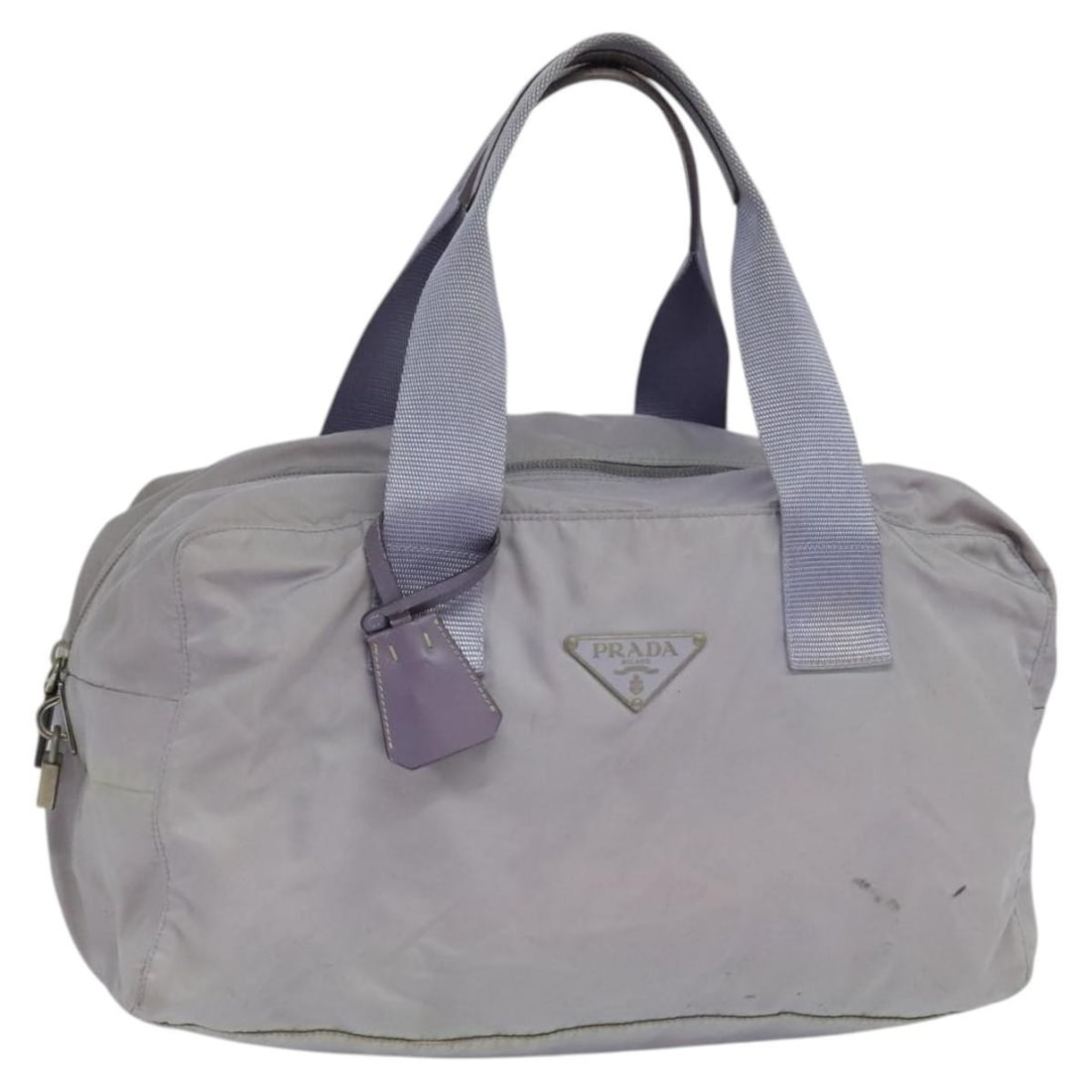 Prada Nylon Purple Silver Boston Bag with Padlock and Keys: Prada Nylon Purple Silver Boston Bag with Padlock and Keys This PRADA Boston Bag is crafted from purple nylon with silver-tone accents, offering a spacious and functional design. The bag features dual