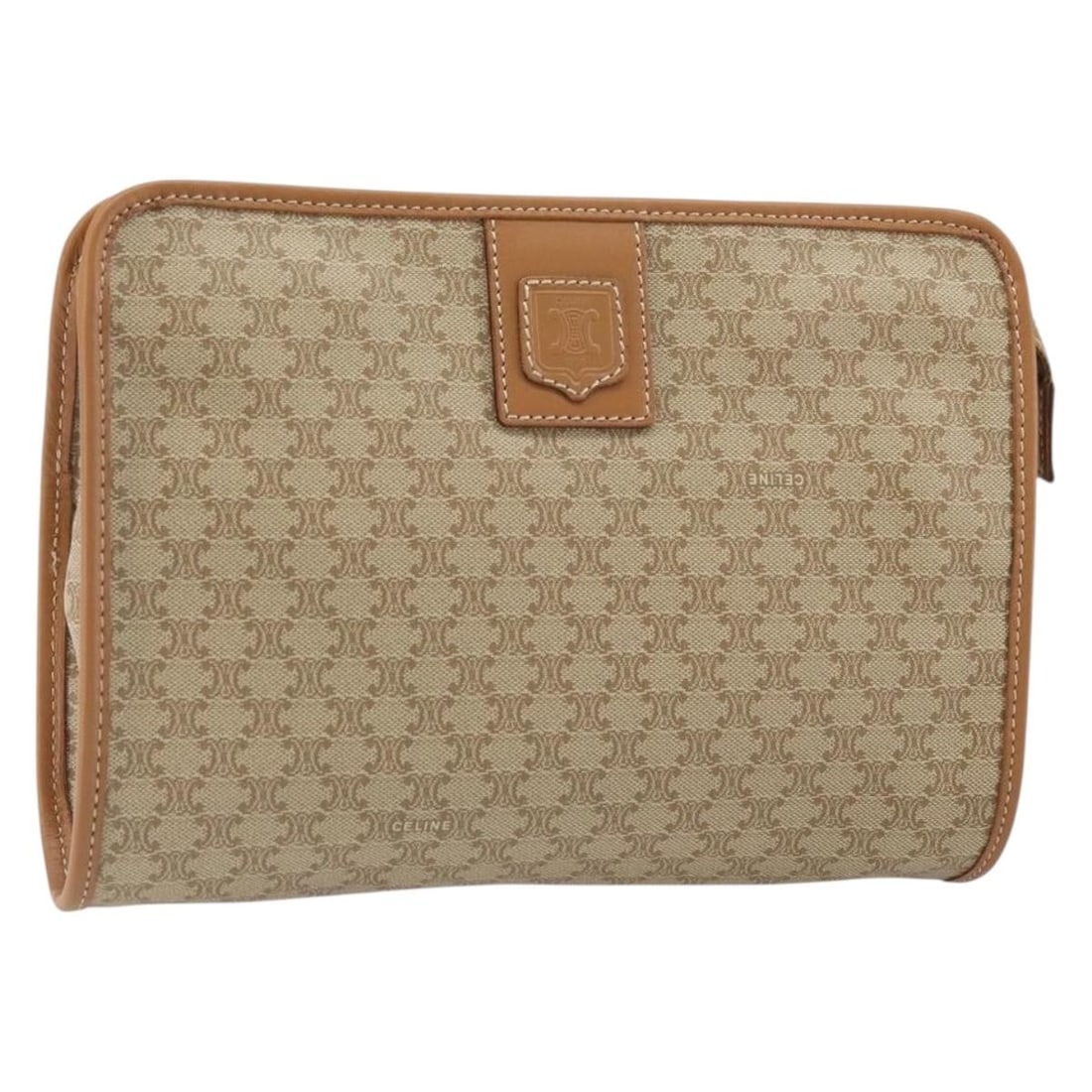 Beige Macadam Canvas PVC Clutch Bag by CELINE Gold Accent: Beige Macadam Canvas PVC Clutch Bag by CELINE Gold Accent This is a CELINE Macadam Canvas clutch bag crafted from beige PVC leather with gold-tone accents. The bag features the iconic Macadam canvas p