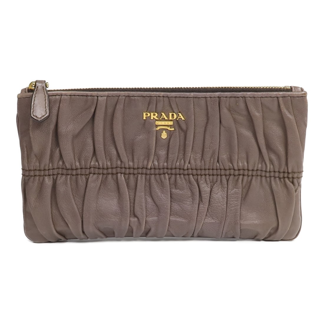 Prada GHW Calfskin Gray Pouch 1M1152: Prada GHW Calfskin Gray Pouch 1M1152 This PRADA pouch is crafted from gray calfskin leather and features gold-tone hardware. Designed for women, it offers a compact and stylish accessory option. The p