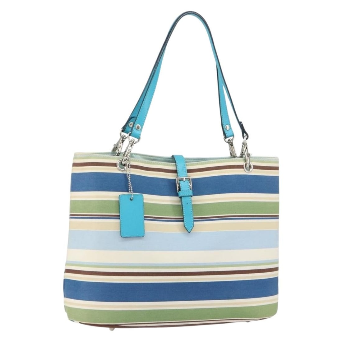 Canvas tote bag in blue and silver by Burberry: Canvas tote bag in blue and silver by Burberry This BURBERRY tote bag features a blue and silver canvas exterior with silver-tone accents. The bag offers a spacious interior and practical design, maki