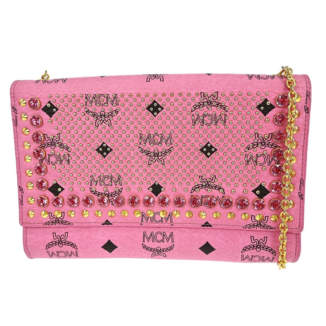 MCM Leather Pink Shoulder Bag with Chain Strap: MCM Leather Pink Shoulder Bag with Chain Strap This stylish MCM Pink Chain Shoulder Bag is crafted from high-quality leather, showcasing a chic pink exterior. Designed as a shoulder bag, it combines e