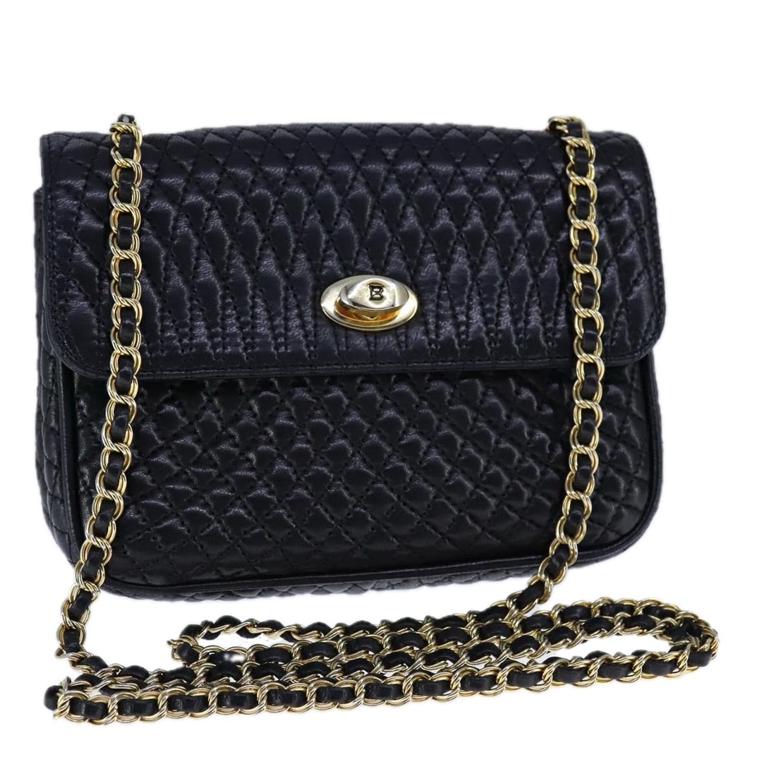 Bally Black Leather Shoulder Bag with Chain Strap and Mirror: Bally Black Leather Shoulder Bag with Chain Strap and Mirror This is a BALLY women's chain shoulder bag crafted from black and gold leather. The bag features a compact design with a structured silhoue