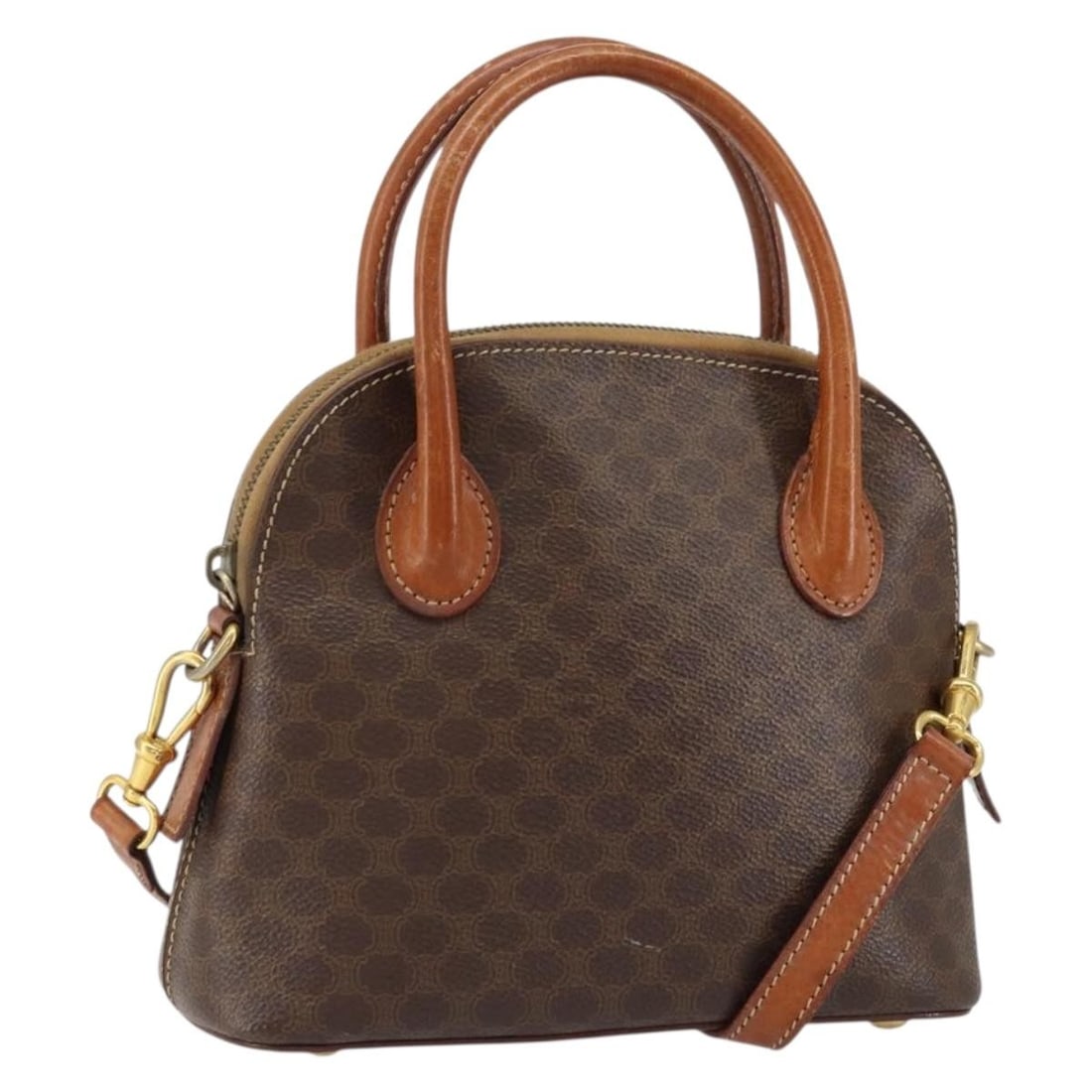 CELINE Macadam Canvas 2way Hand Bag Brown Gold Italy Auth 151939: CELINE Macadam Canvas 2way Hand Bag Brown Gold Italy Auth 151939 This authentic CELINE Macadam Canvas Hand Bag is a stylish accessory crafted in Italy, featuring a sophisticated brown and gold color p