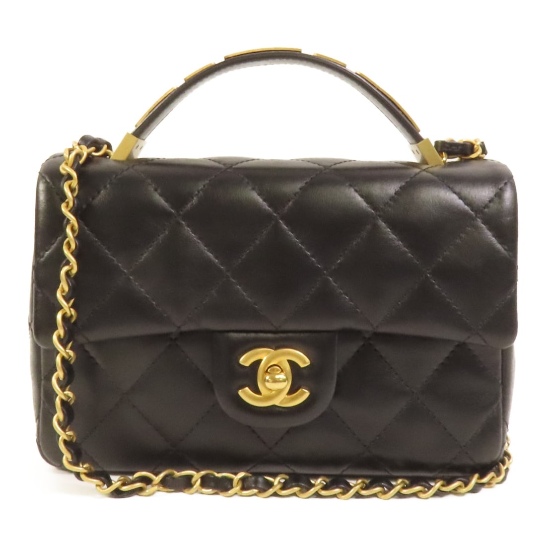 Chanel Black Calfskin Leather CC Top Handle Two-Way Shoulder Bag with Gold Hardware: Chanel Black Calfskin Leather CC Top Handle Two-Way Shoulder Bag with Gold Hardware This CHANEL CC top handle 2-way shoulder bag is crafted from black calfskin leather and features gold-tone hardware.