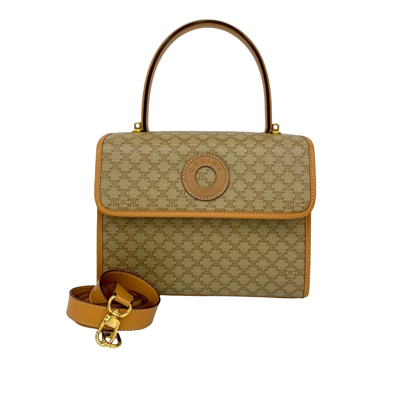Celine Macadam Brown Coated Canvas Satchel with Leather Trim: Celine Macadam Brown Coated Canvas Satchel with Leather Trim This Celine Macadam satchel features a coated canvas body accented with leather trim. It includes a flat top handle, a detachable flat leat