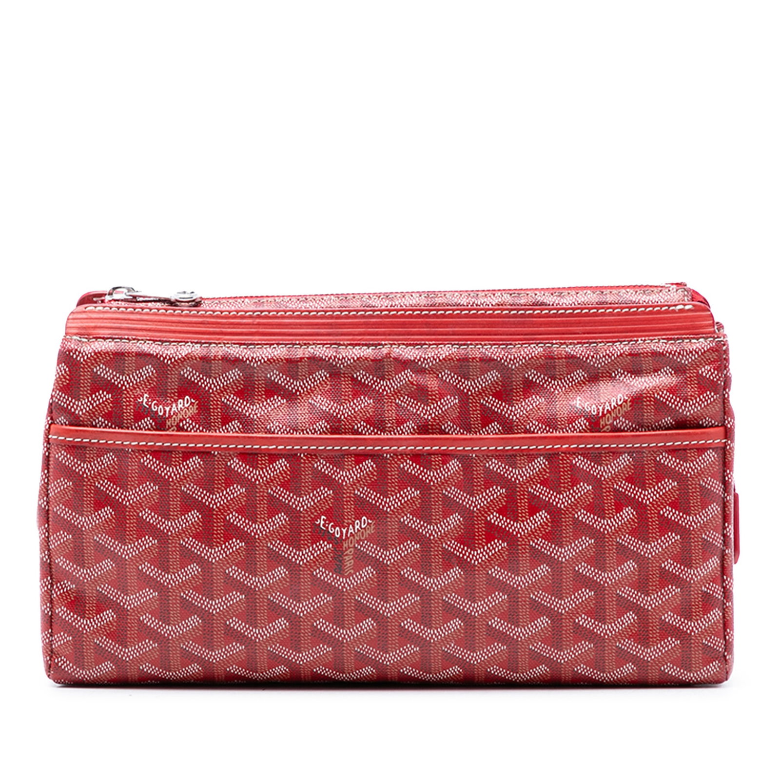 Goyard Goyardine Red Coated Canvas GM Toiletry Bag with Leather Trim: Goyard Goyardine Red Coated Canvas GM Toiletry Bag with Leather Trim This Goyardine Miroir Toiletry Pouch GM features a coated canvas body with leather trim, a top zip closure, an exterior front slip 