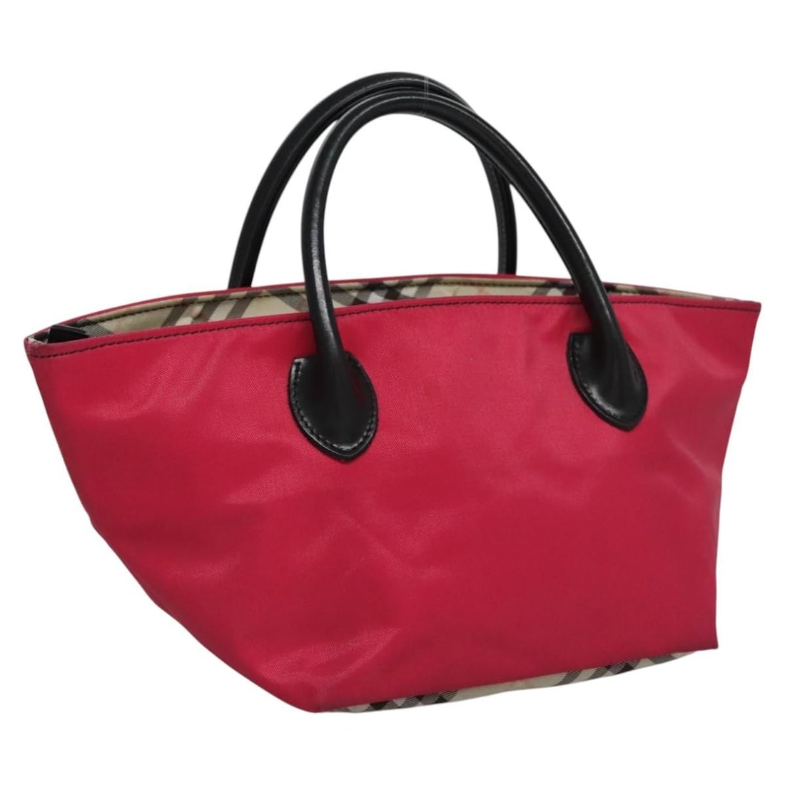 Pink Nylon Blue Label Handbag by Burberry for Women: Pink Nylon Blue Label Handbag by Burberry for Women This Burberry Blue Label hand bag features a pink nylon exterior and is designed for women. The bag is made in Japan and has a compact structure, ma