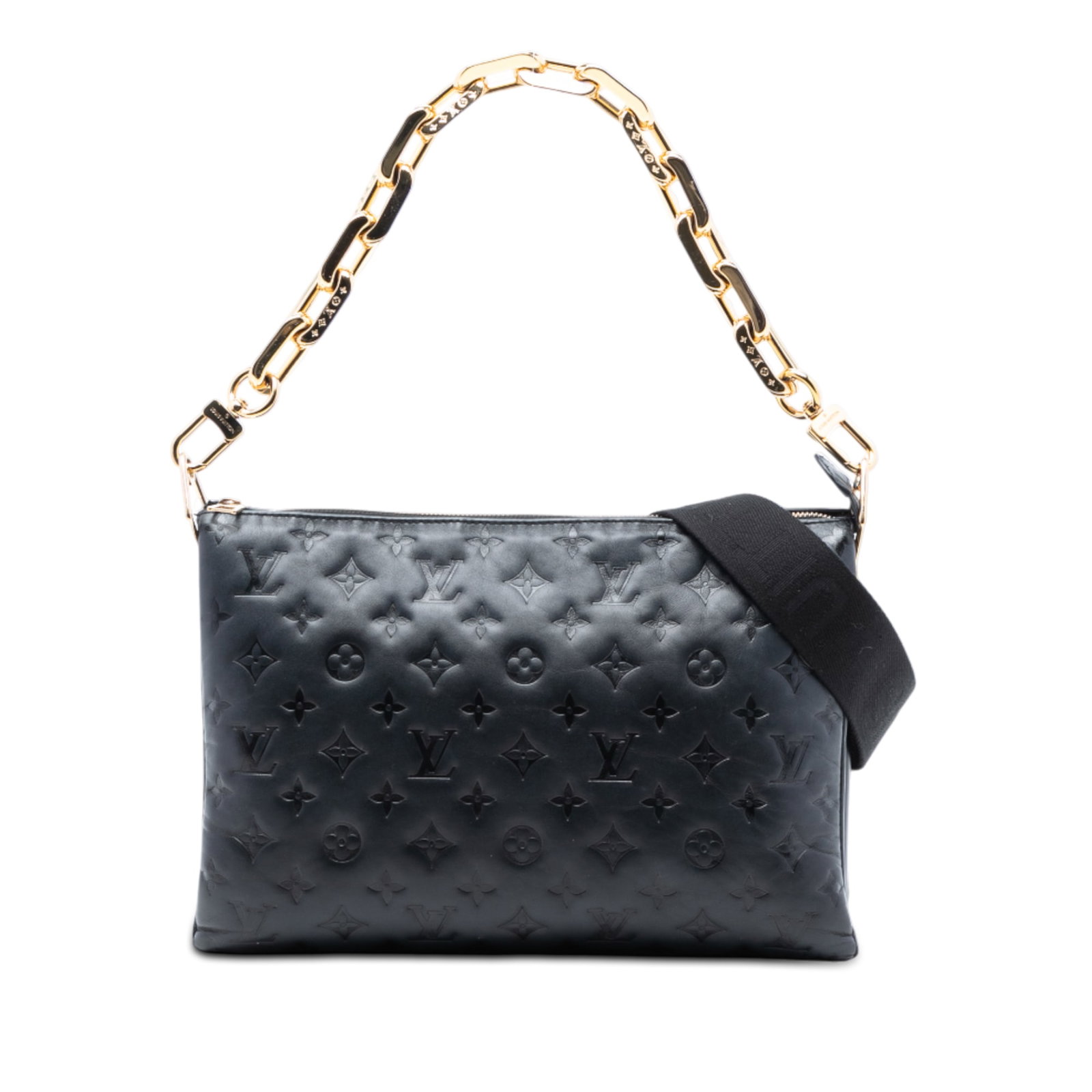 Louis Vuitton Coussin MM Black Lambskin Bag with Monogram Embossed Design: Louis Vuitton Coussin MM Black Lambskin Bag with Monogram Embossed Design This Louis Vuitton Coussin MM bag features a monogram-embossed, puffy lambskin leather exterior in black. It is designed with 