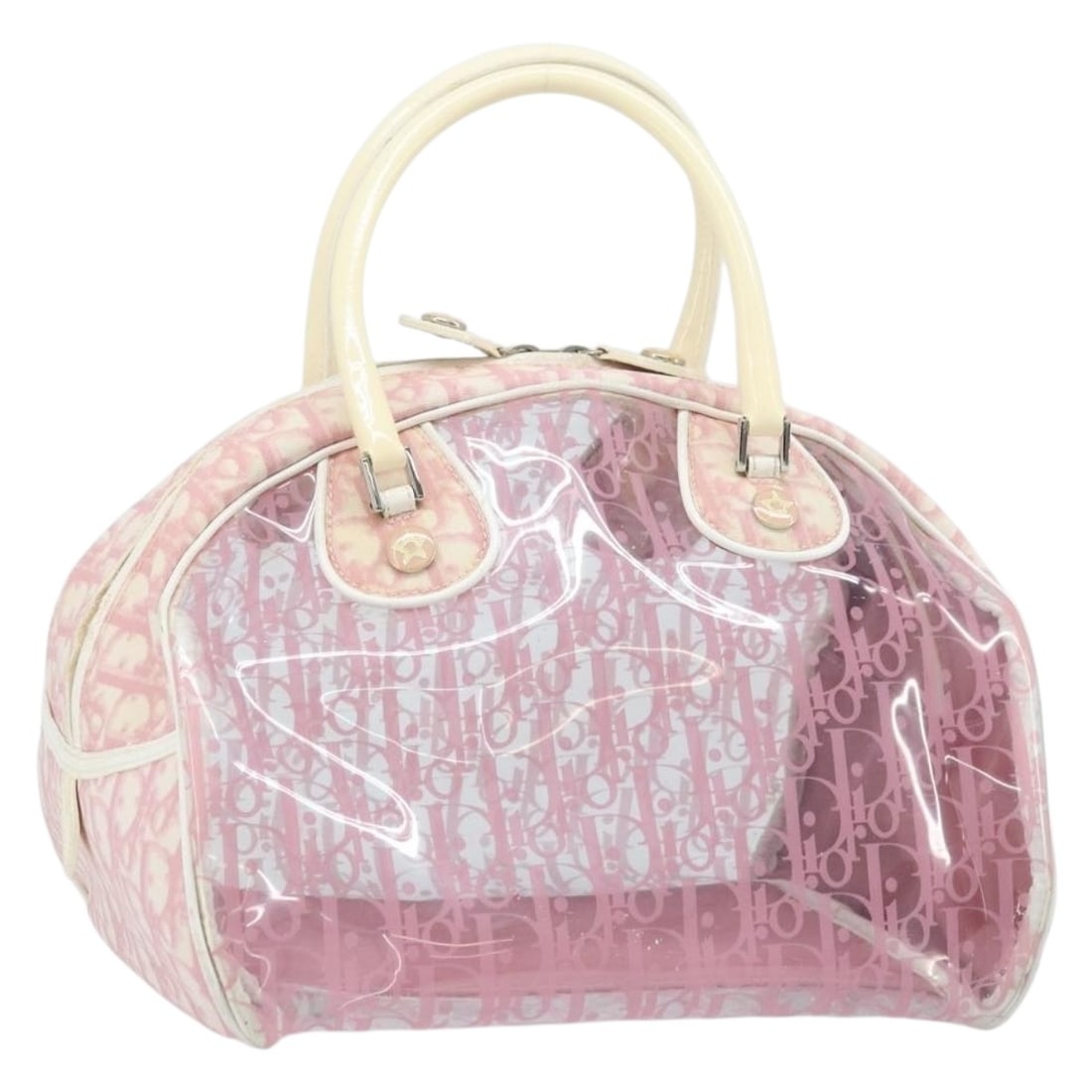 Christian Dior Pink Trotter PVC Canvas Handbag Silver Accents Italy: Christian Dior Pink Trotter PVC Canvas Handbag Silver Accents Italy This Christian Dior Trotter handbag features a pink and silver PVC leather and canvas exterior, accented with silver-tone details. D