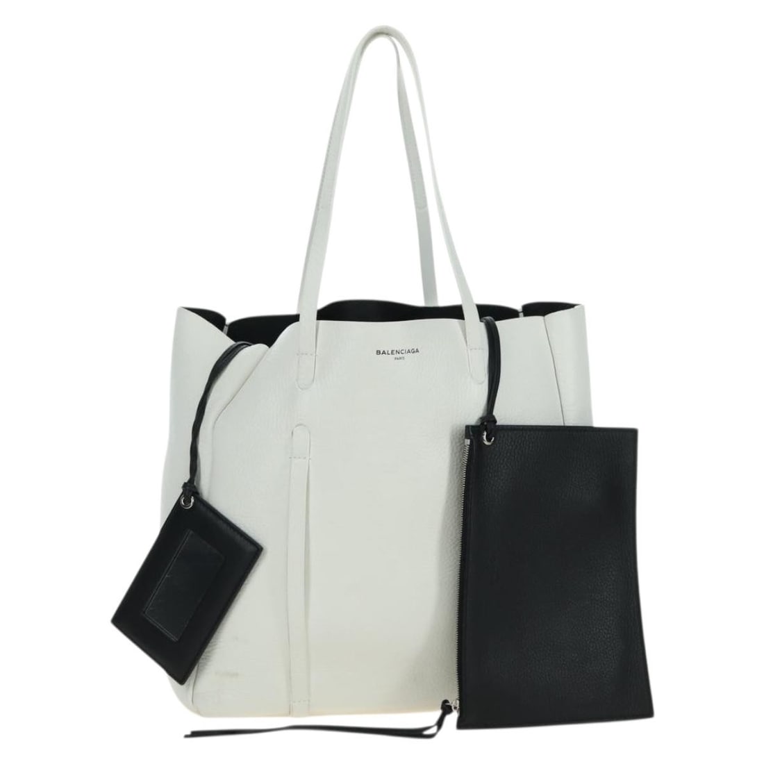 Balenciaga White Leather 475199 Tote Bag with Dust Bag Mirror: Balenciaga White Leather 475199 Tote Bag with Dust Bag Mirror This Balenciaga tote bag is crafted from white leather and features a spacious design. It includes a dust bag, pouch, and mirror as access