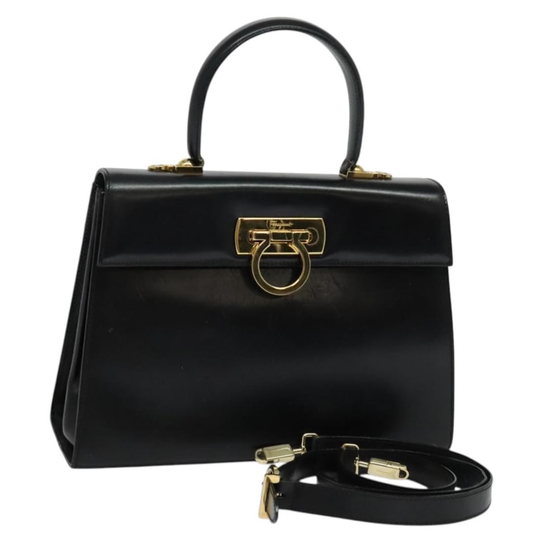 Salvatore Ferragamo Gancini Black Gold Leather Hand Bag 2-Way Auth (1 of 18)