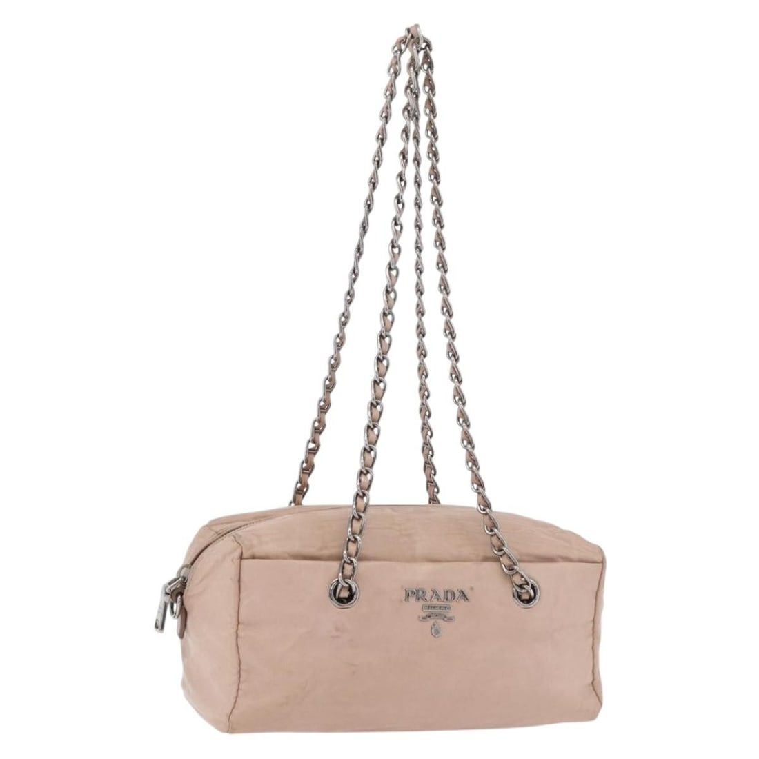 Prada Pink Silver Leather Shoulder Bag With Guarantee Card: Prada Pink Silver Leather Shoulder Bag With Guarantee Card This PRADA chain shoulder bag is crafted from leather and features a pink and silver exterior. Designed for women, it offers a compact profil
