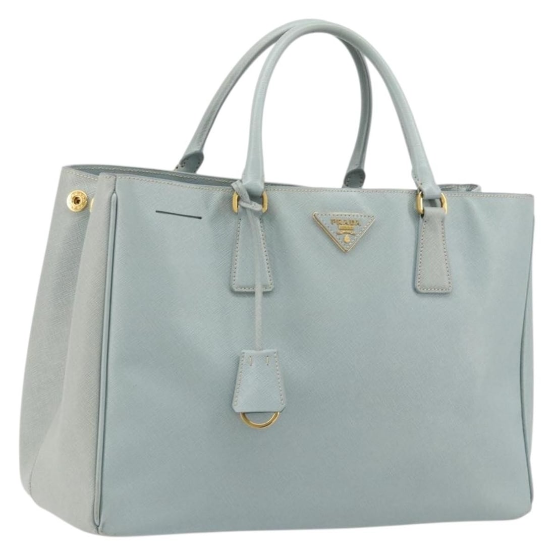 Prada Saffiano Leather Light Blue Gold Handbag with Clochette: Prada Saffiano Leather Light Blue Gold Handbag with Clochette This PRADA handbag is crafted from Saffiano leather in a light blue and gold colorway. Designed for women, it features a structured silhou