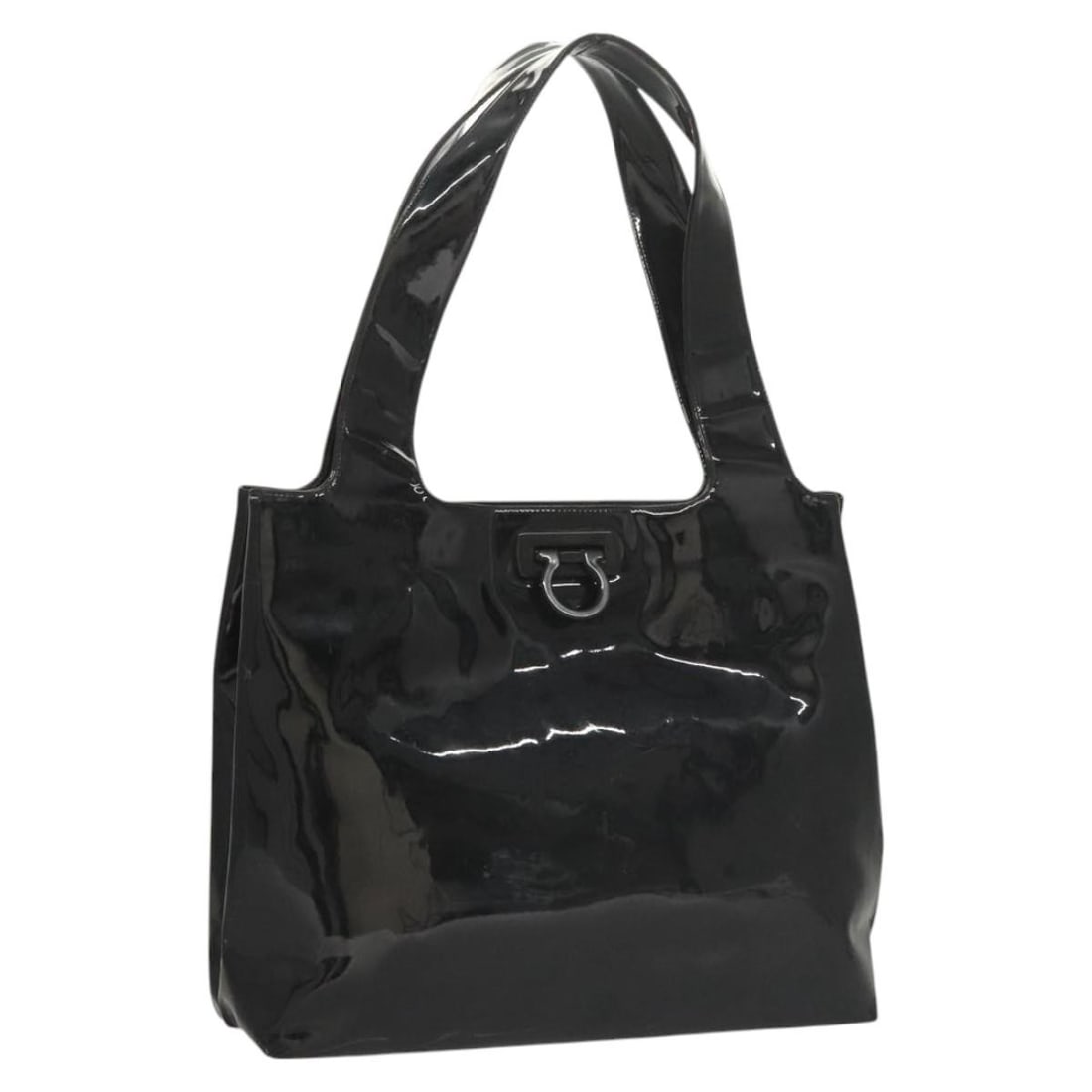 Ferragamo Gancini Black Enamel Shoulder Bag Silver Hardware Italy: Ferragamo Gancini Black Enamel Shoulder Bag Silver Hardware Italy This Salvatore Ferragamo Gancini shoulder bag is crafted from black and silver enamel and features a stylish design for women. Made in