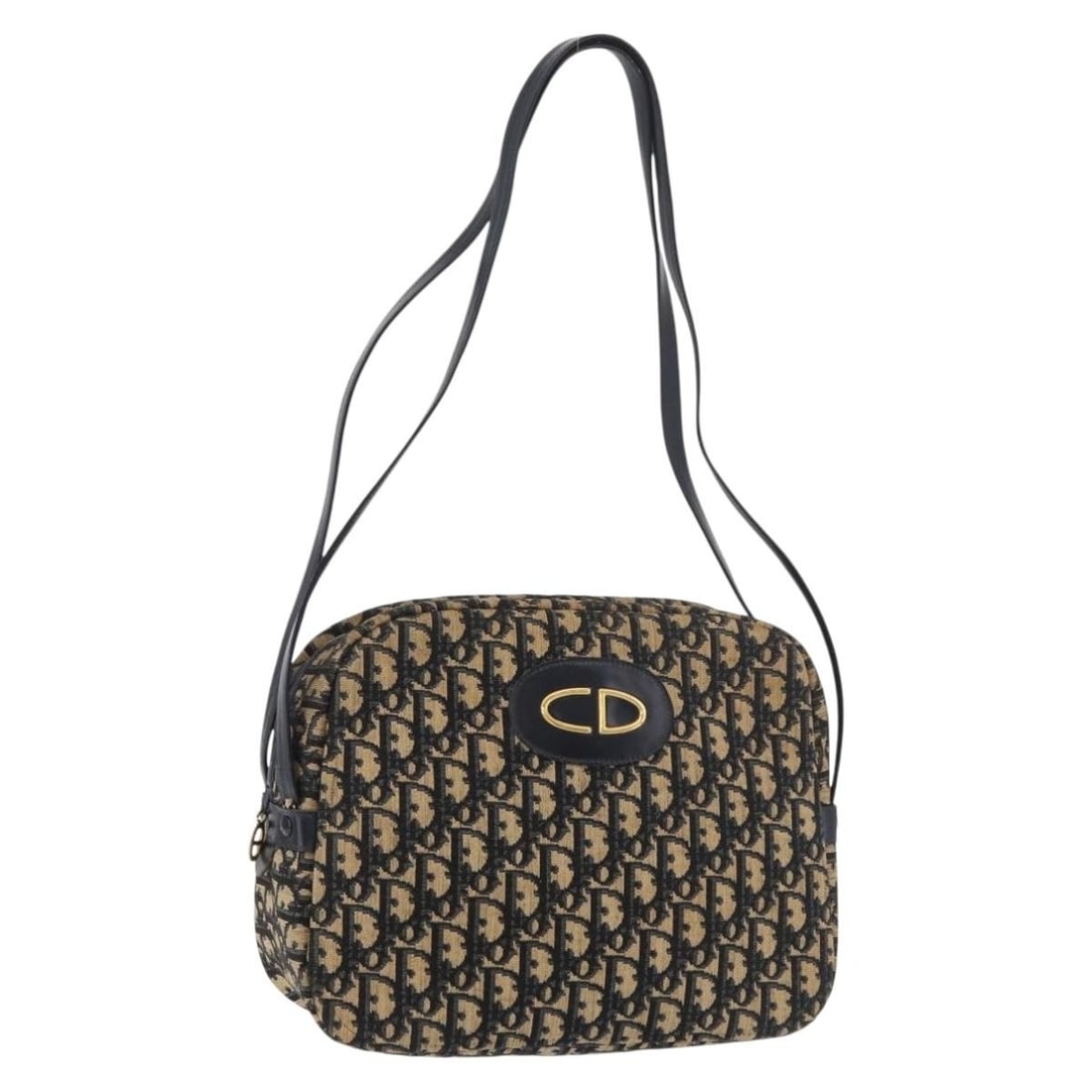 Dior Trotter Canvas Navy Gold Shoulder Bag: Dior Trotter Canvas Navy Gold Shoulder Bag This Christian Dior shoulder bag features the iconic Trotter canvas in navy and gold tones. Crafted in France, it offers a structured silhouette with a spaci