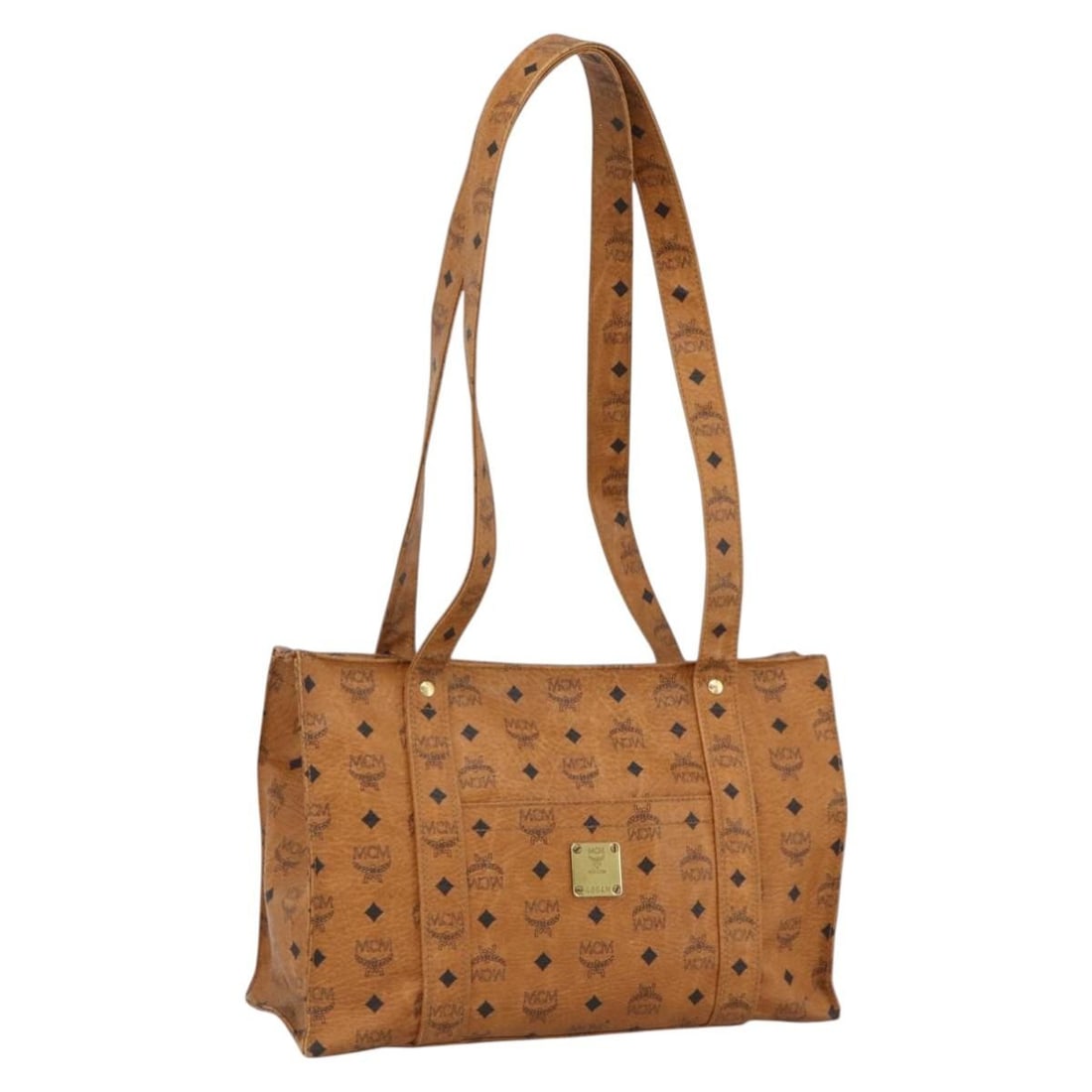 MCM Brown Logogram PVC Leather Shoulder Bag Gold Accents Women's Germany: MCM Brown Logogram PVC Leather Shoulder Bag Gold Accents Women's Germany This MCM shoulder bag features the iconic Vicetos logogram design in brown and gold PVC leather. Designed for women, it offers 
