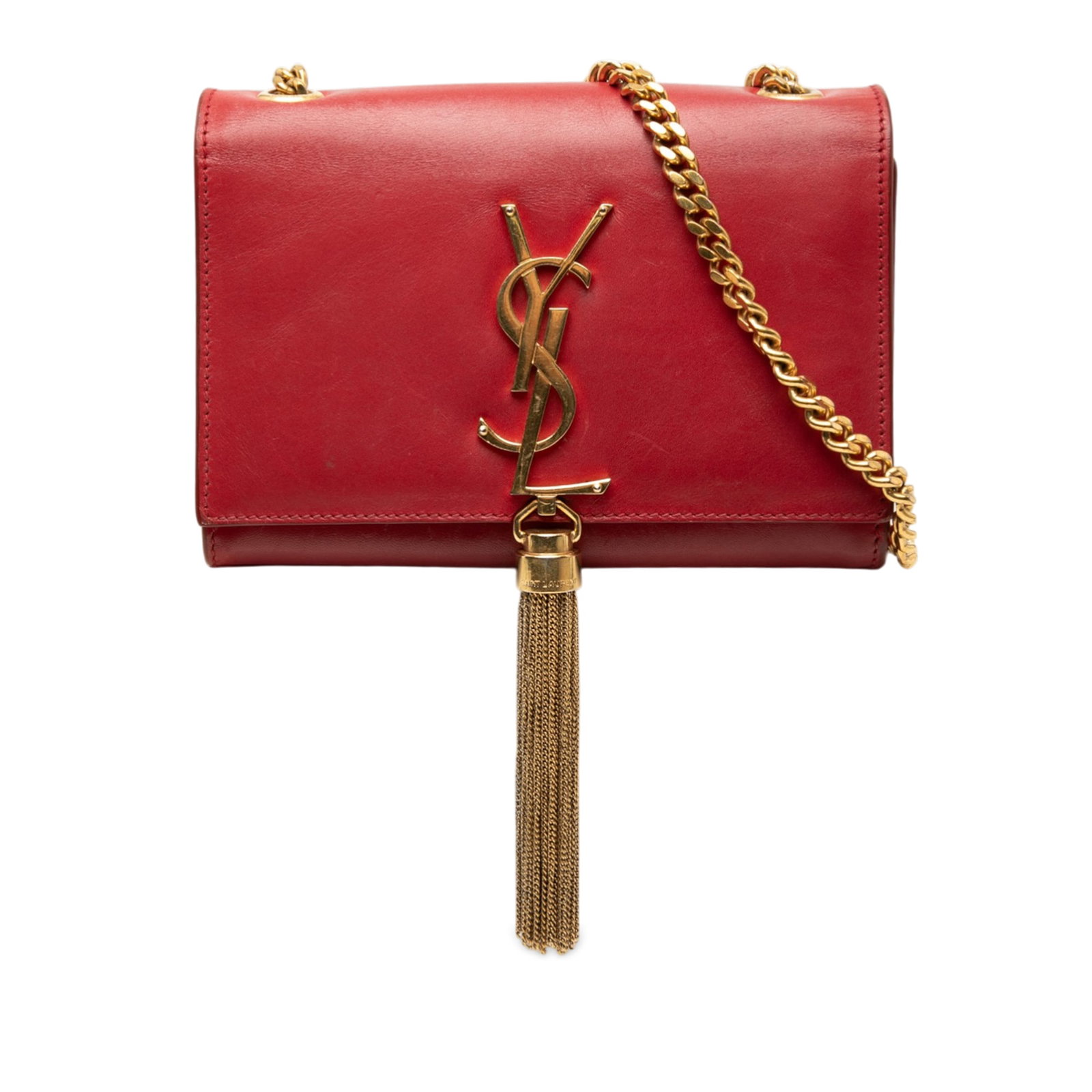 Red Leather Kate Tassel Crossbody Bag by Saint Laurent Small Monogram: Red Leather Kate Tassel Crossbody Bag by Saint Laurent Small Monogram This Saint Laurent Small Leather Monogram Kate Tassel Crossbody features a striking red leather body with a signature tassel detai