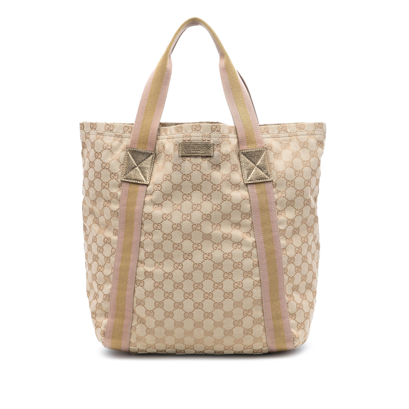 Beige GG Canvas Web Tote Bag by Gucci with Flat Straps: Beige GG Canvas Web Tote Bag by Gucci with Flat Straps This Gucci GG Canvas Web Tote features a beige canvas body, flat web straps, an open top design, and interior slip pockets. The bag shows signs o