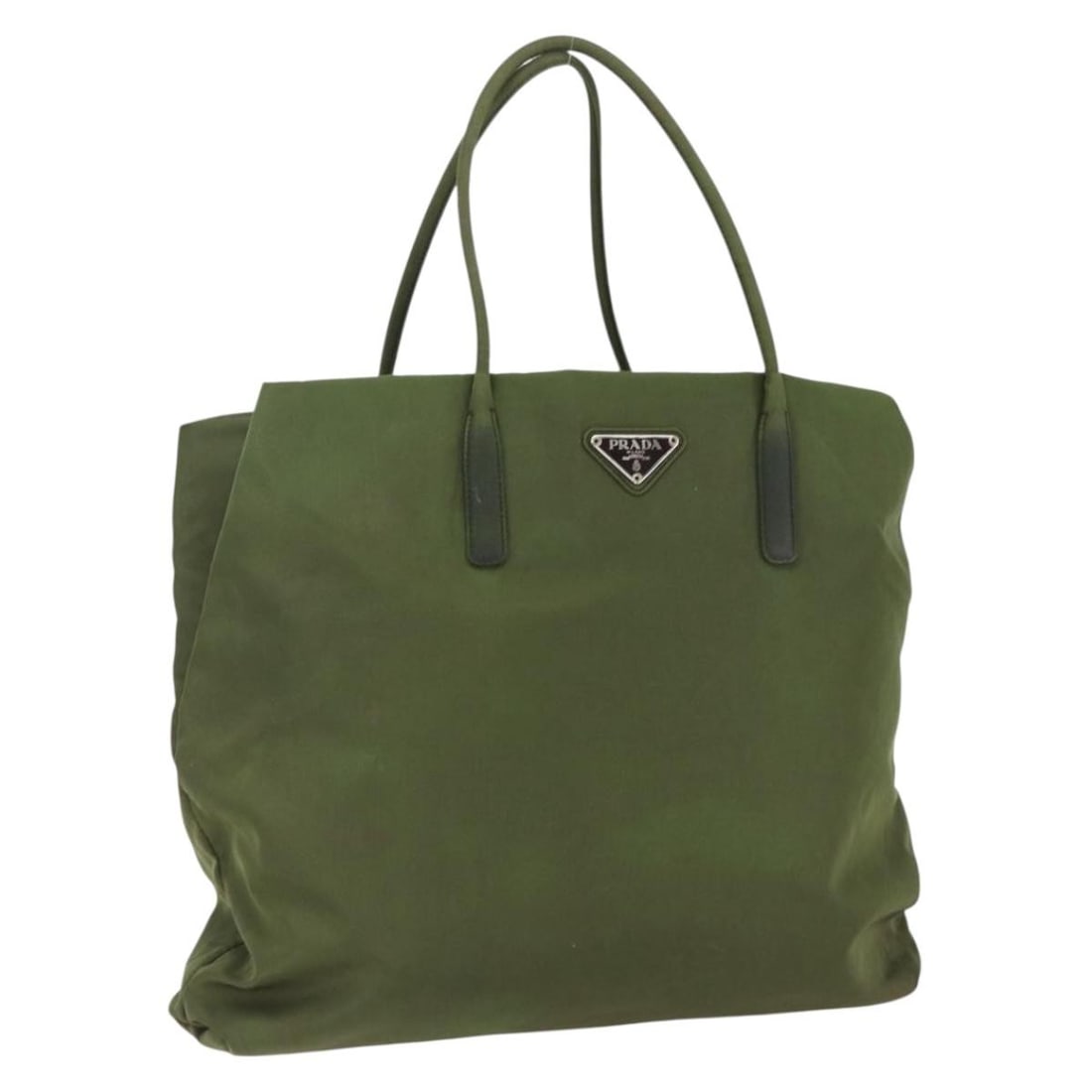 Khaki Silver Prada Nylon Women Tote Bag Italy 13in x 11.8in: Khaki Silver Prada Nylon Women Tote Bag Italy 13in x 11.8in This PRADA tote bag is crafted from khaki nylon with silver accents and is designed for women. Made in Italy, it features a spacious interio