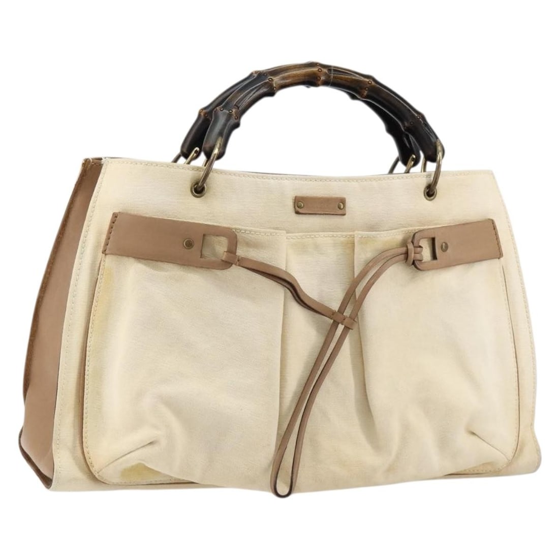 GUCCI Bamboo Hand Bag Ivory Gold GG Canvas Auth 109138: GUCCI Bamboo Hand Bag Ivory Gold GG Canvas Auth 109138 This authentic GUCCI Bamboo Hand Bag showcases a stylish blend of GG Canvas in an elegant ivory and gold color scheme. Crafted in Italy, this han