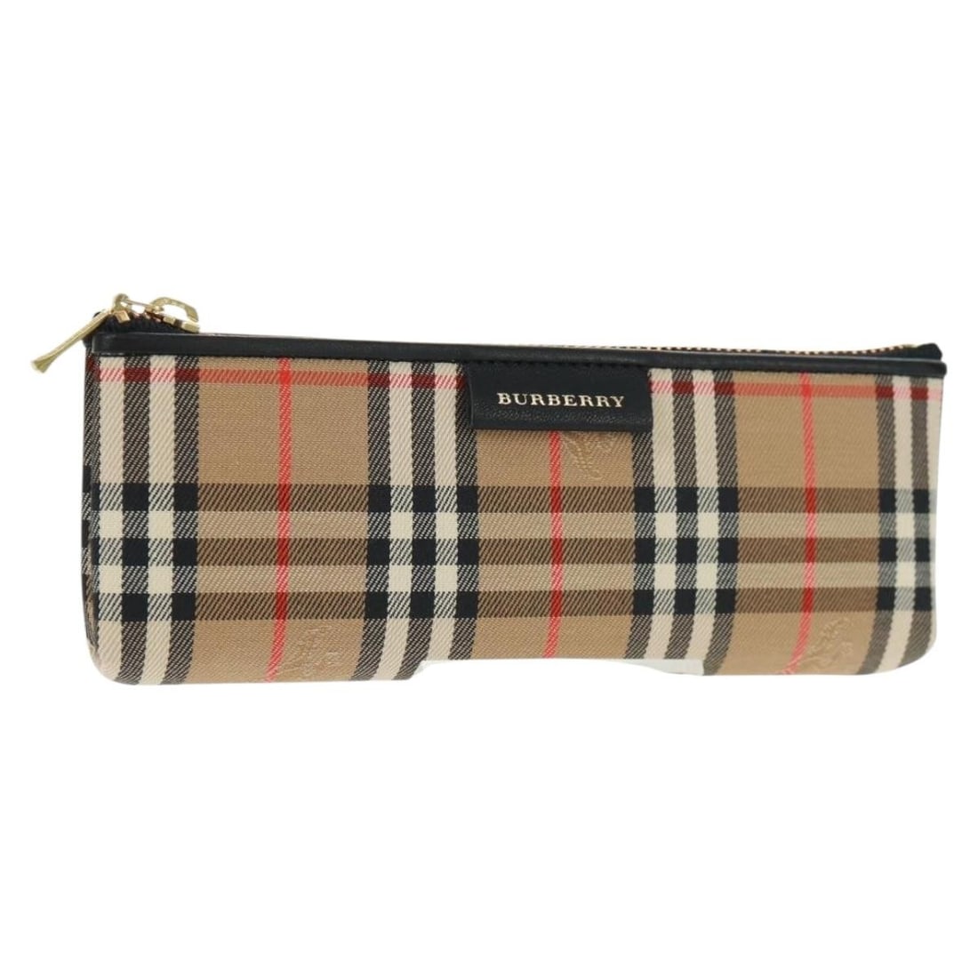 Beige Canvas Nova Check Pen Case by Burberry with Gold Accents: Beige Canvas Nova Check Pen Case by Burberry with Gold Accents This Burberry pen case features the iconic Nova Check pattern in beige and gold canvas. Made in Italy, it is designed to hold pens secure
