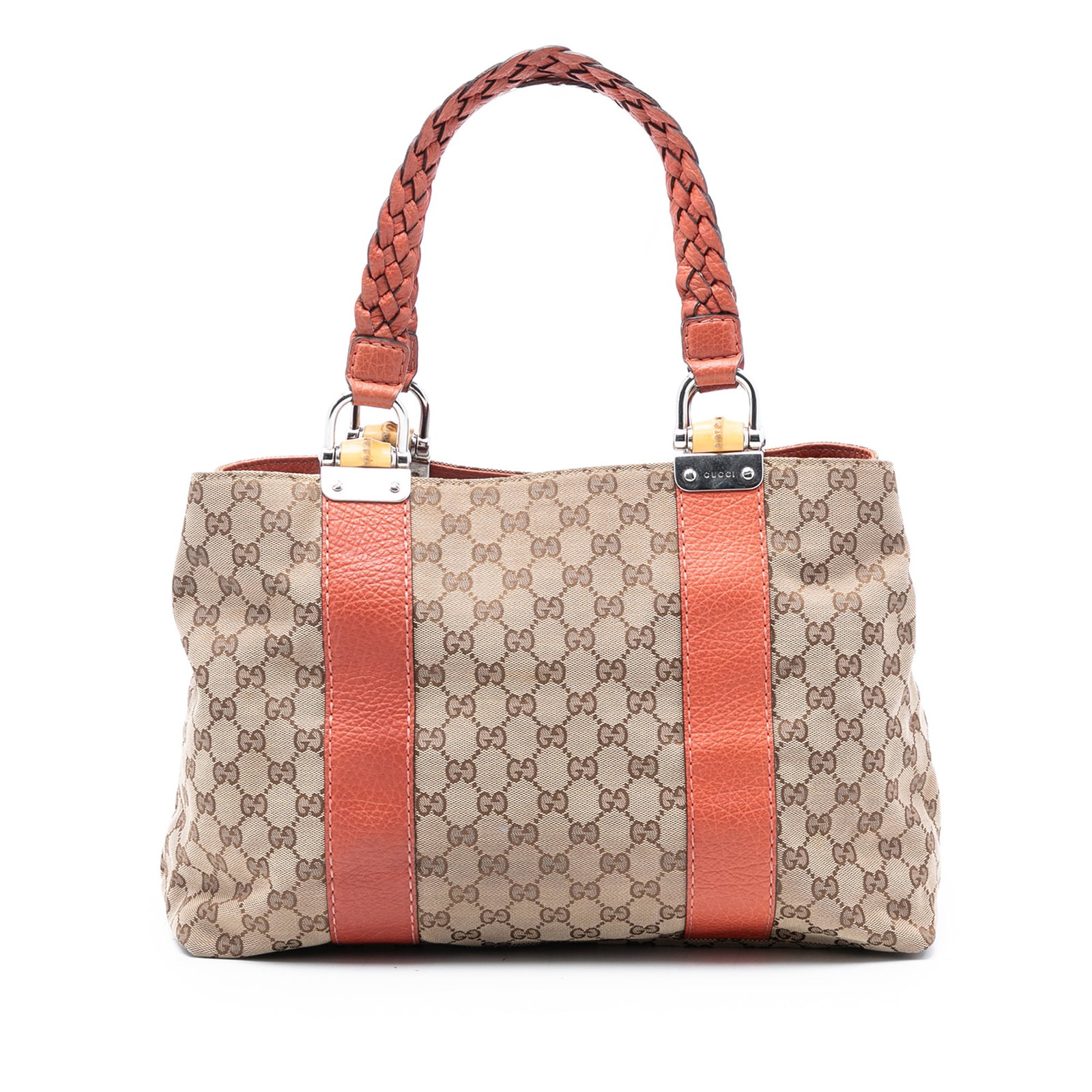 Gucci Bamboo Handle GG Canvas Libeccio Tote Bag Beige: Gucci Bamboo Handle GG Canvas Libeccio Tote Bag Beige This Gucci GG Canvas Bamboo Libeccio Tote features a beige canvas body with flat braided leather handles and an open top design. The interior