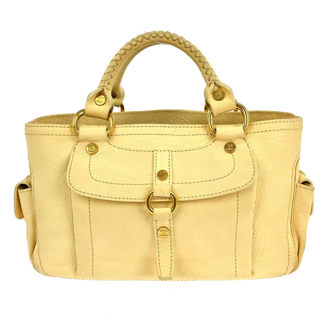 Celine Ivory Leather Medium Tote Top Handle Bag with Canvas Lining: Celine Ivory Leather Medium Tote Top Handle Bag with Canvas Lining This Celine tote handbag features an ivory leather exterior with double handles and an open closure, designed for casual occasions. I