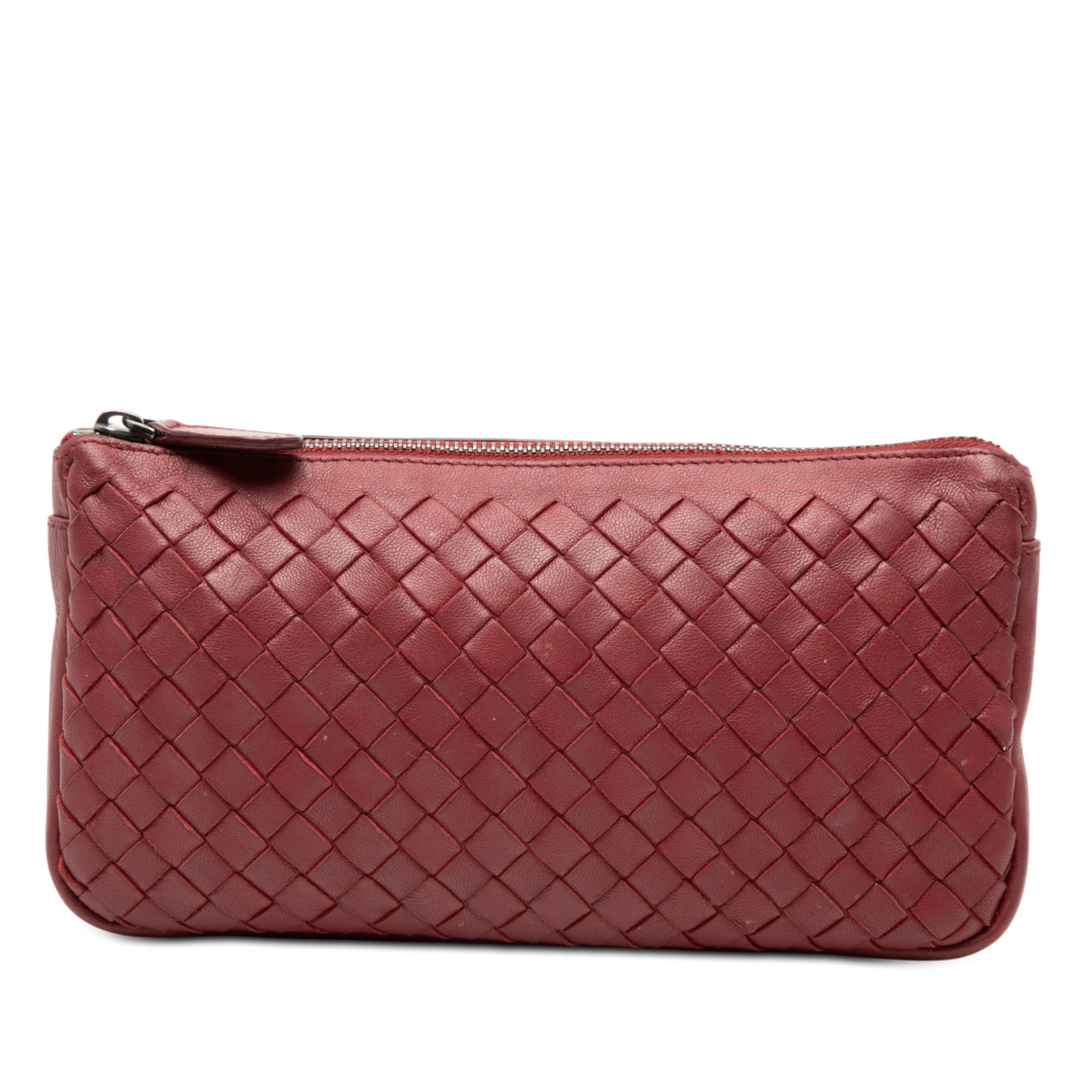 Red Bottega Veneta Intrecciato Leather Pouch with Top Zip: Red Bottega Veneta Intrecciato Leather Pouch with Top Zip This pouch showcases Bottega Veneta's signature woven nappa leather design in red, featuring a top zip closure. The item has visible signs of 
