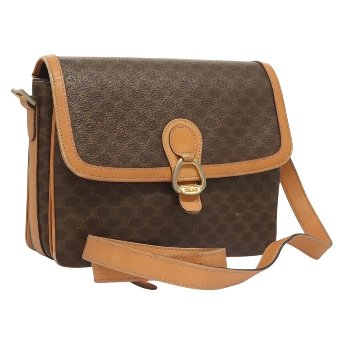 CELINE Macadam Canvas Shoulder Bag Brown Gold PVC Leather Italy: CELINE Macadam Canvas Shoulder Bag Brown Gold PVC Leather Italy This Celine Macadam Canvas Shoulder Bag is a stylish accessory crafted from durable PVC leather, featuring a chic brown and gold color c
