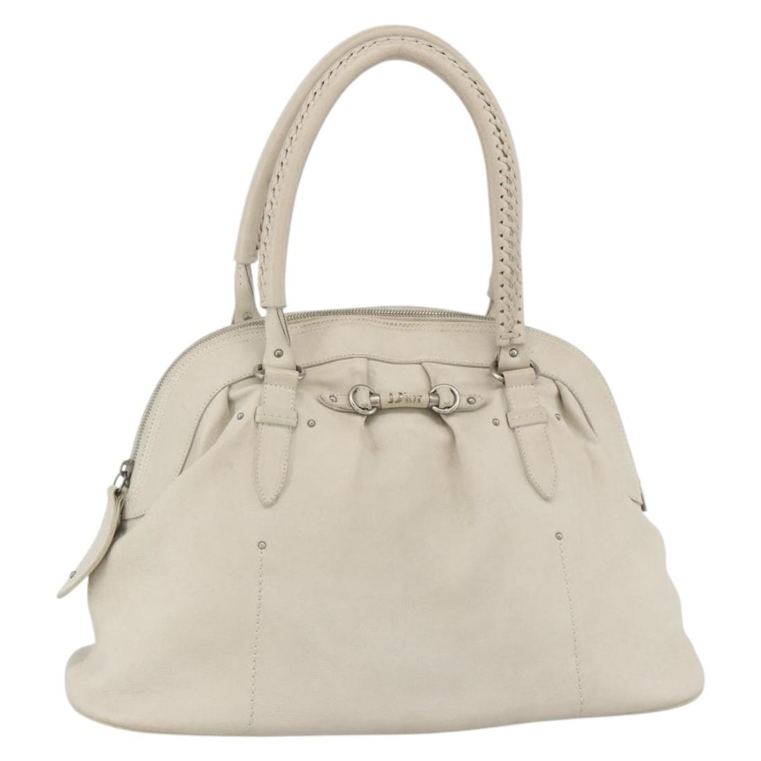 Christian Dior White Leather Shoulder Purse with Silver Accents: Christian Dior White Leather Shoulder Purse with Silver Accents This Christian Dior women's shoulder bag features a stylish white and silver leather exterior. Made in Italy, the bag offers a roomy int