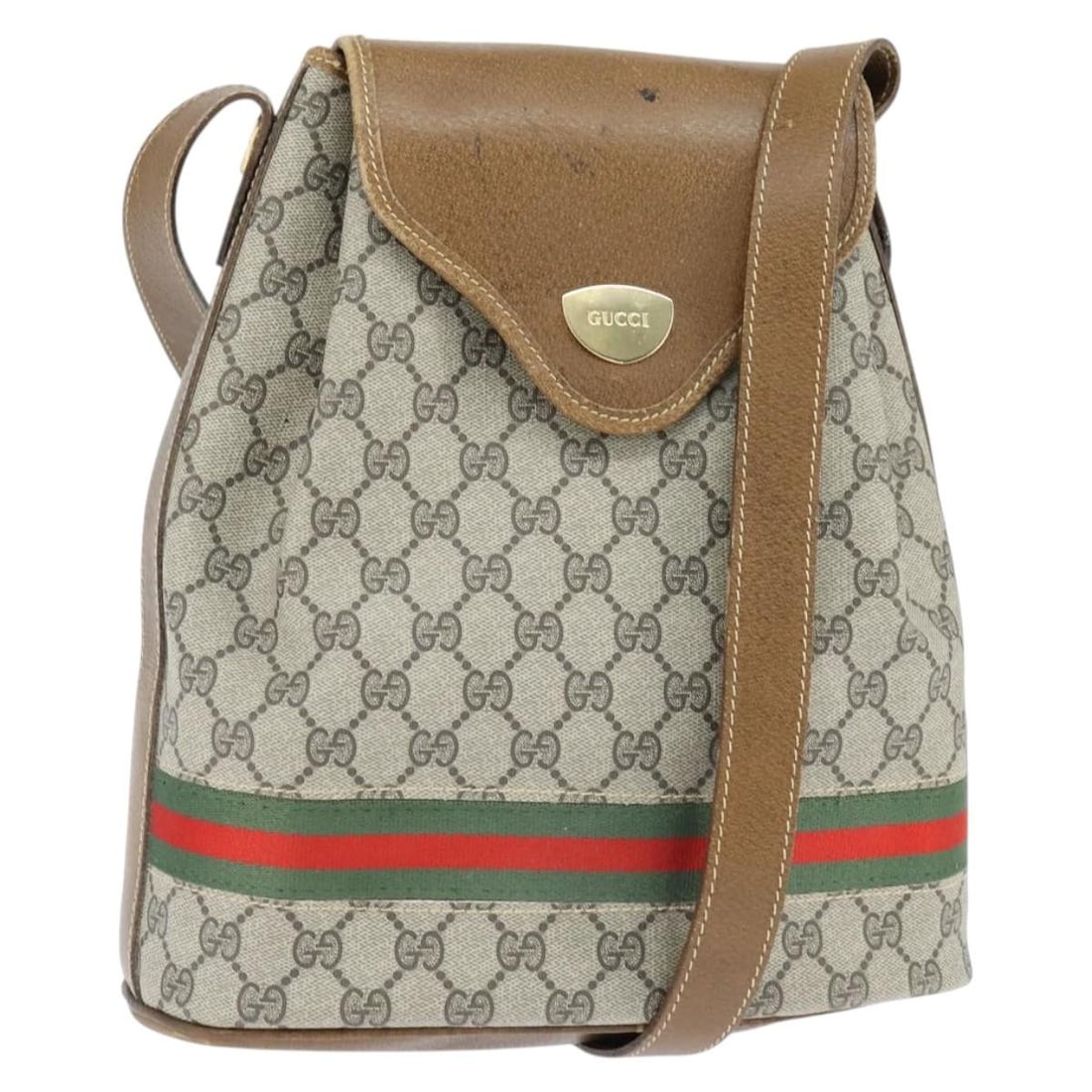 GUCCI GG Supreme Sherry Line Shoulder Bag Beige Gold PVC Auth 149255: GUCCI GG Supreme Sherry Line Shoulder Bag Beige Gold PVC Auth 149255 This GUCCI GG Supreme Web Sherry Line Shoulder Bag is a stylish accessory crafted in Italy. Made from durable PVC leather with GG c