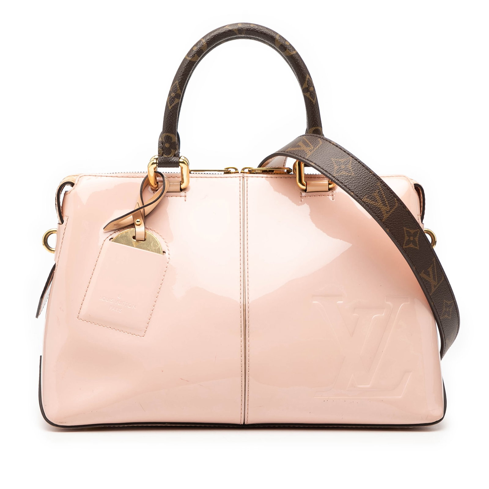 Louis Vuitton Vernis Miroir pink leather tote with detachable strap: Louis Vuitton Vernis Miroir pink leather tote with detachable strap This Louis Vuitton Vernis Miroir Tote features a vernis leather body with a glossy finish, rolled monogram canvas handles, a detacha